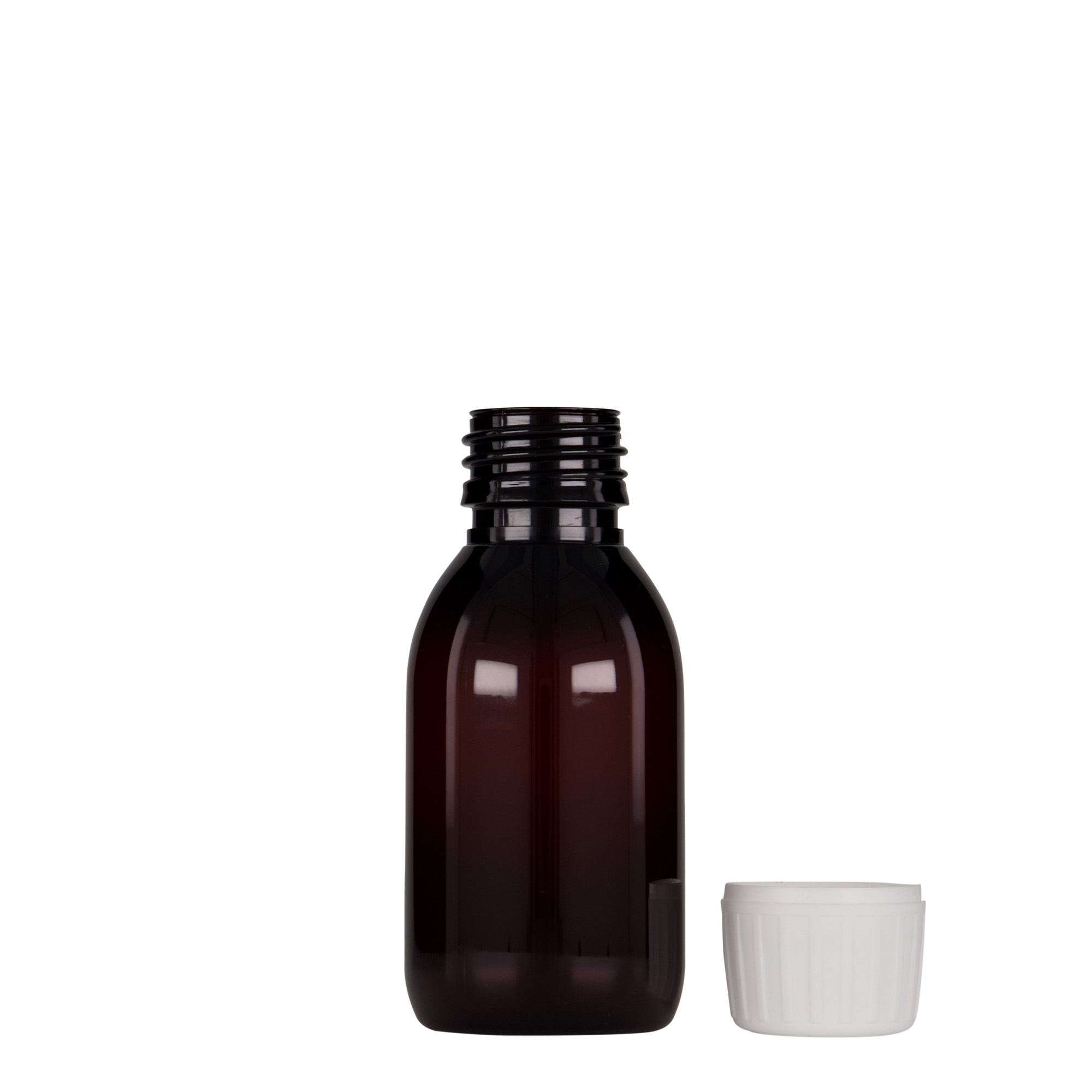 Flacon médical PET 100 ml, brun, plastique, ouverture : PP 28