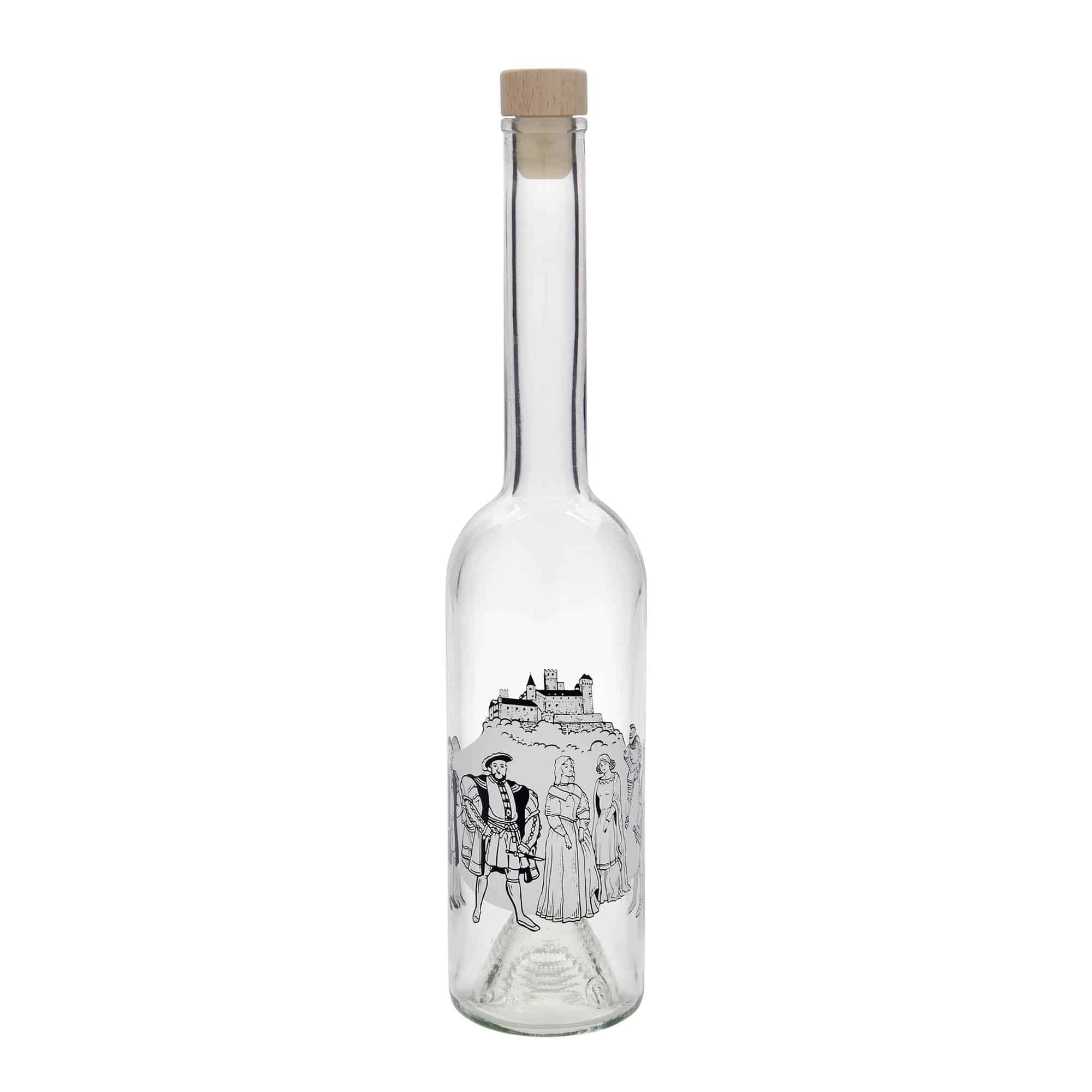 Bouteille en verre 500 ml 'Opera', motif : Moyen Âge, ouverture : bouchon en liège