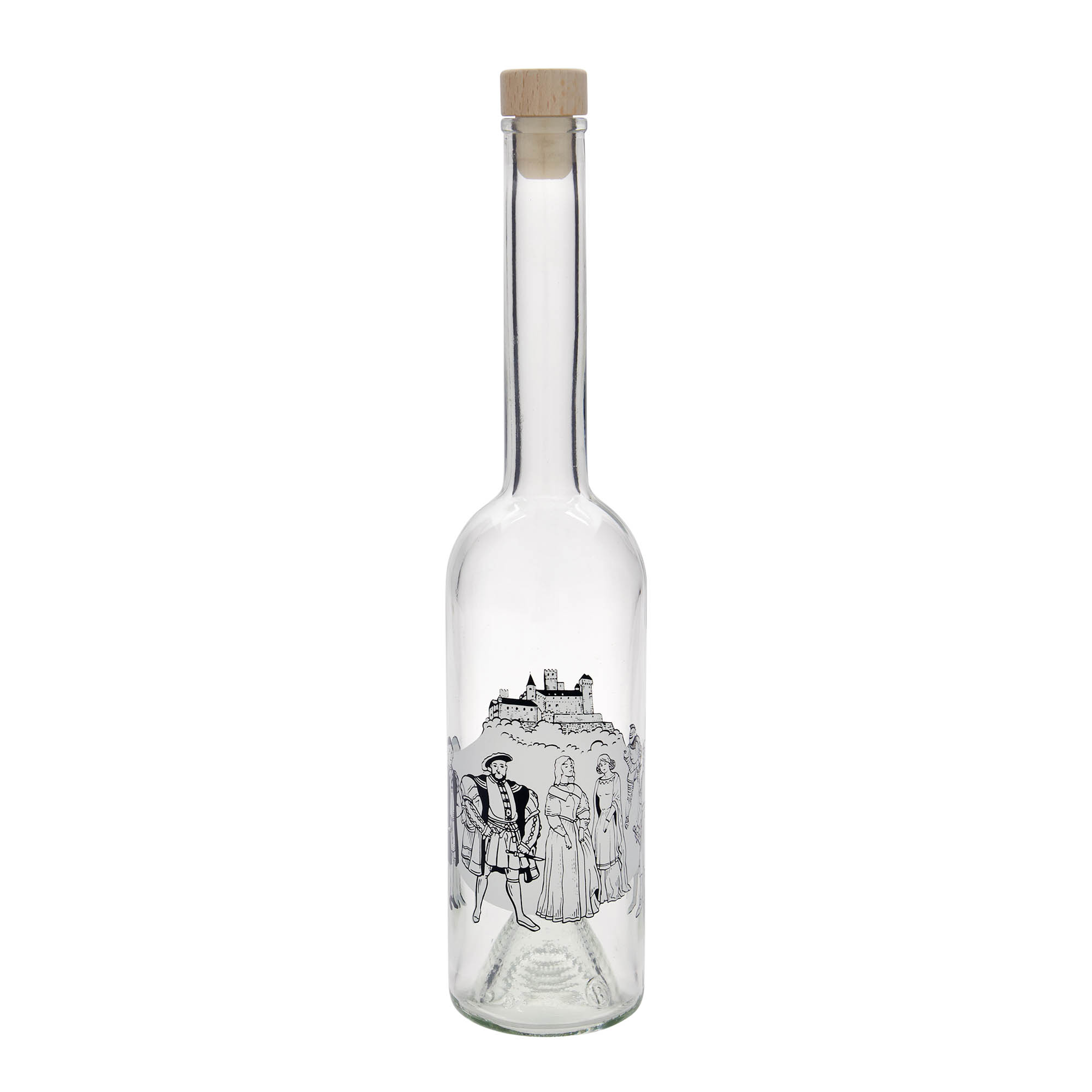 Bouteille en verre 500 ml 'Opera', motif : Moyen Âge, ouverture : bouchon en liège