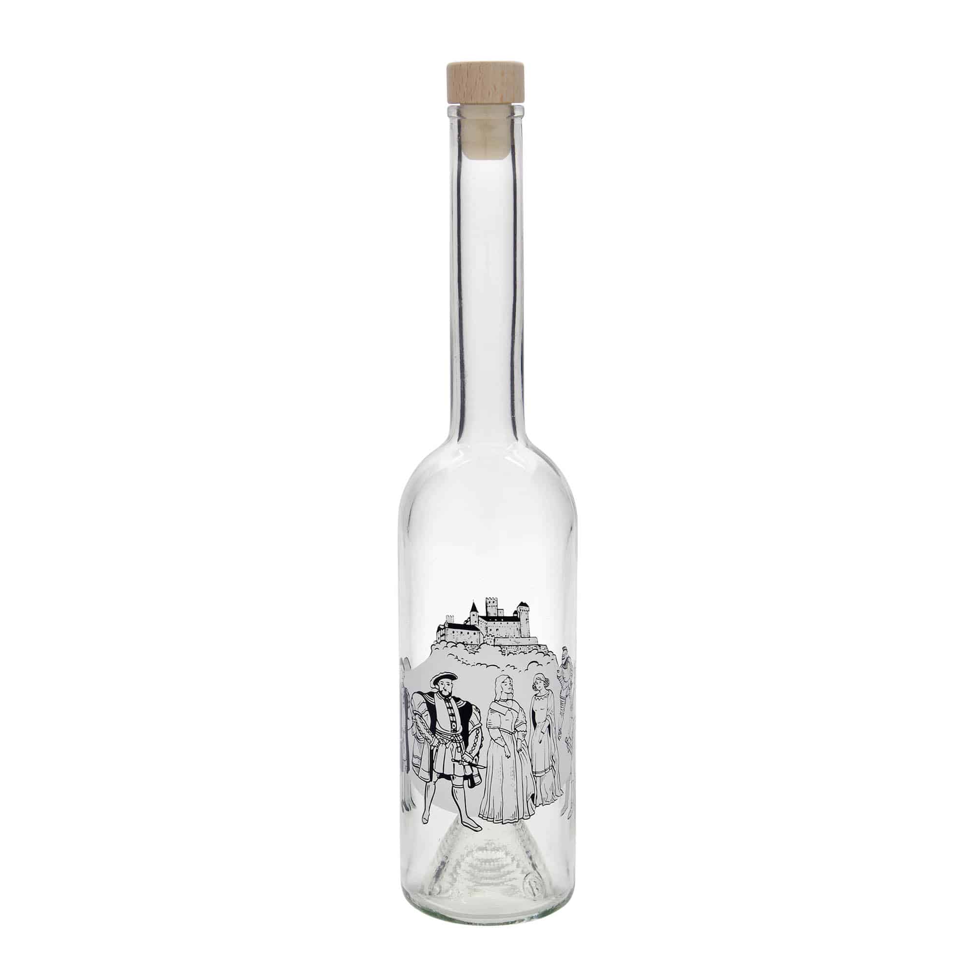 Bouteille en verre 500 ml 'Opera', motif : Moyen Âge, ouverture : bouchon en liège