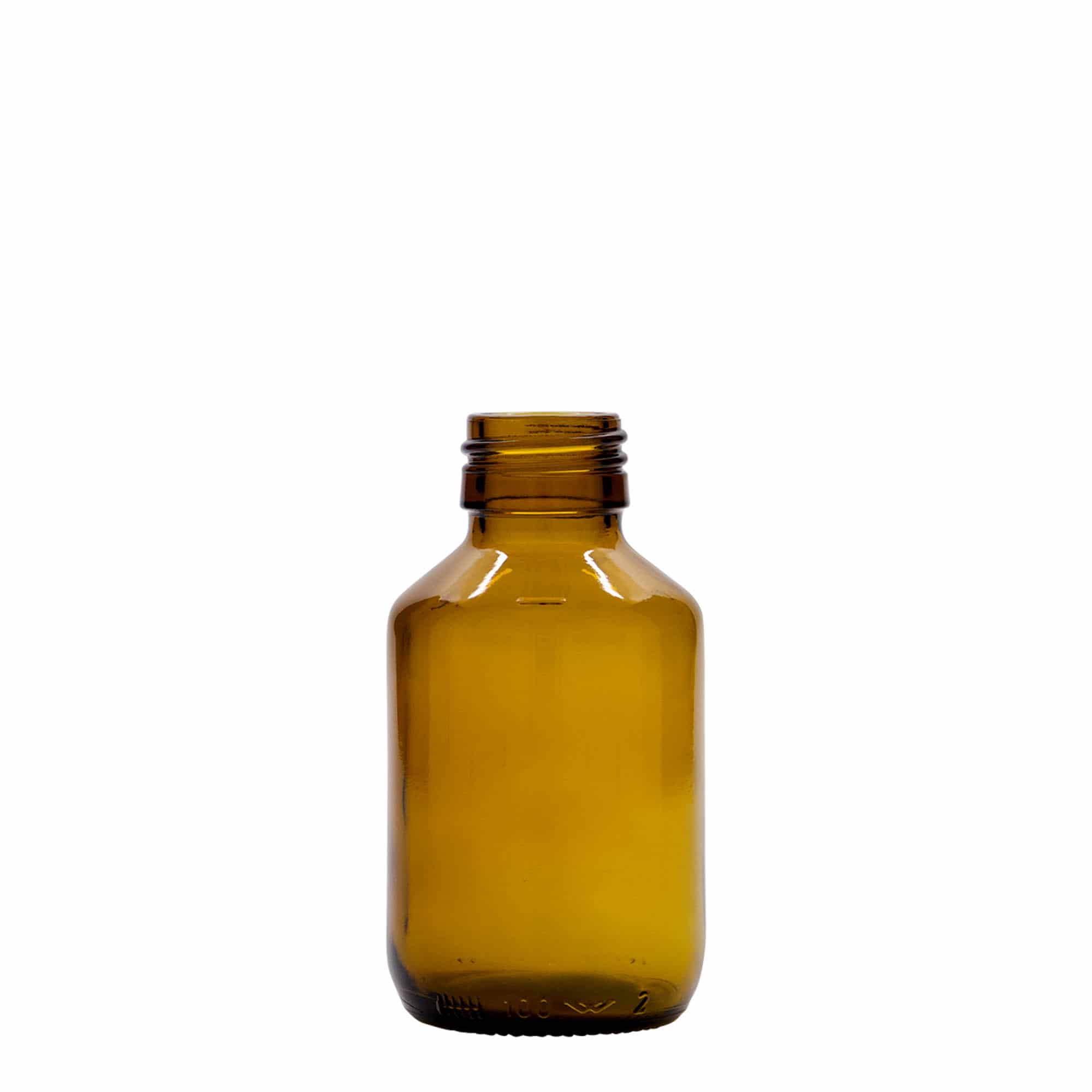 Flacon pharmaceutique 100 ml, marron, verre, bouchage: PP 28 Flacon pharmaceutique 100 ml, marron, verre, bouchage: PP 28