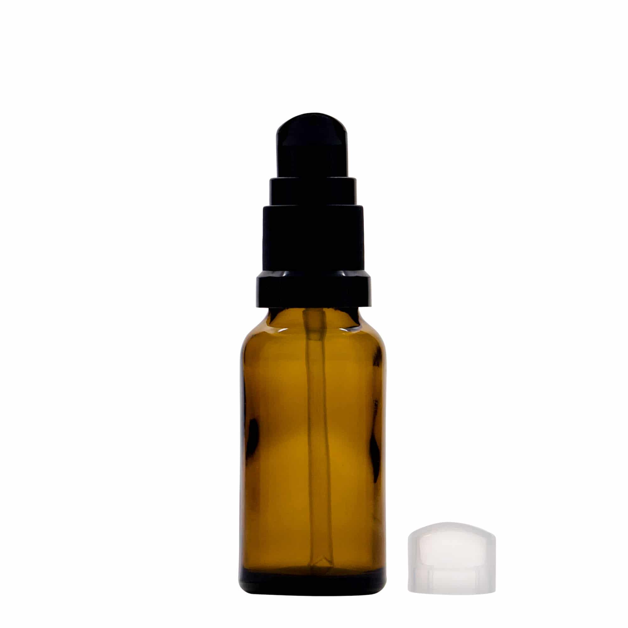 Flacon pharmaceutique 20 ml avec pompe de lotion, verre, brun, col : DIN 18