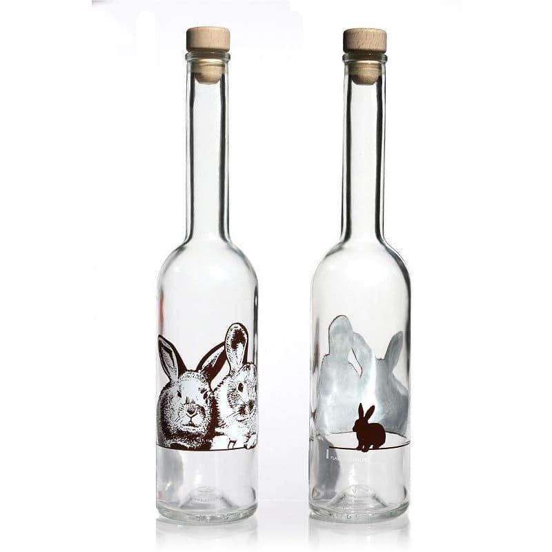 Bouteille en verre 500 ml 'Opera', motif : lapins, col : liège