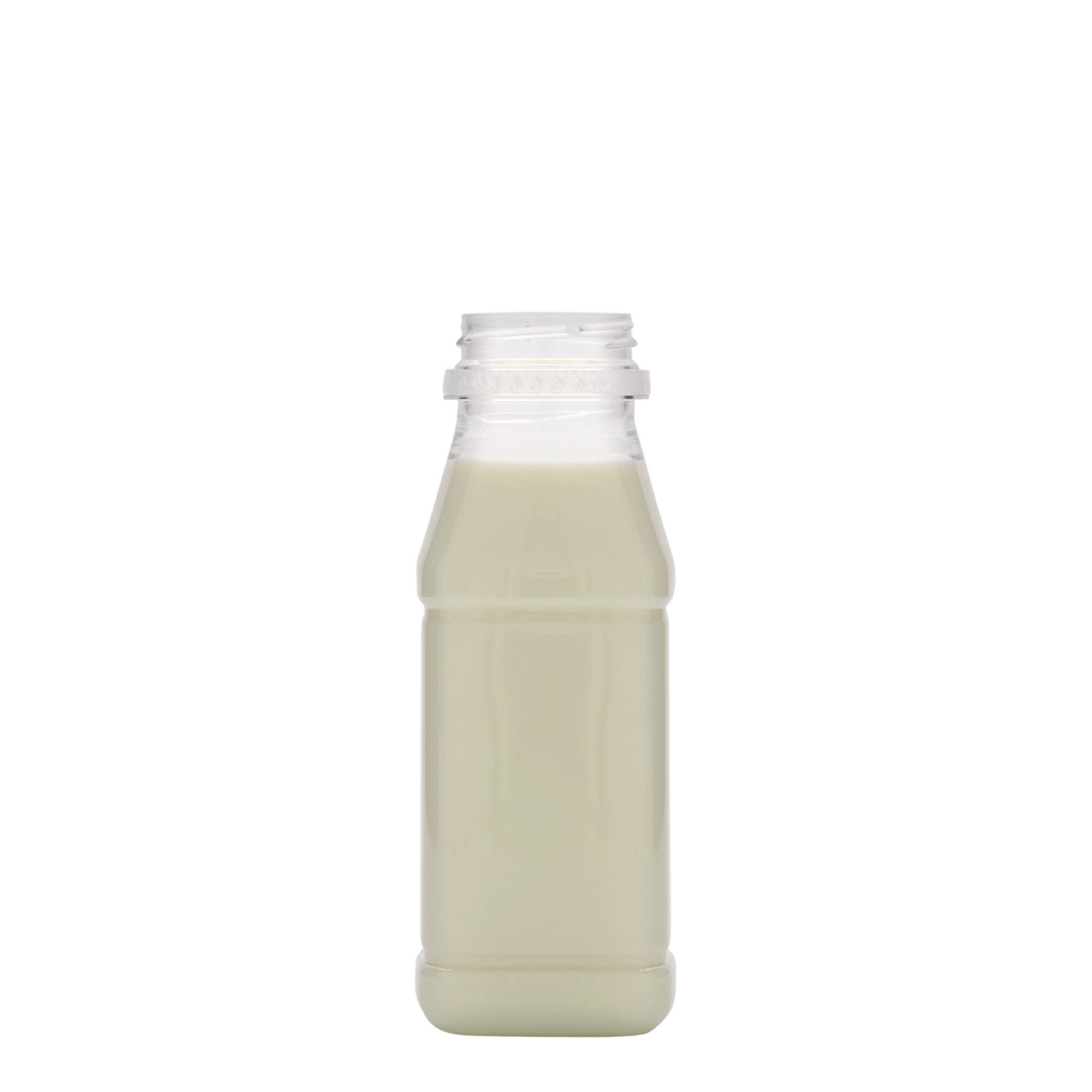 Bouteille PET 250 ml « Milk and Juice Carré », carrée, plastique, ouverture : 38 mm Bouteille PET 250 ml « Milk and Juice Carré », carrée, plastique, ouverture : 38 mm