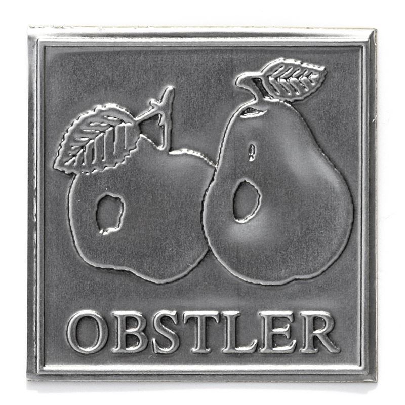 Étiquette en étain 'Obstler', carrée, métal, argentée Étiquette en étain 'Obstler', carrée, métal, argentée