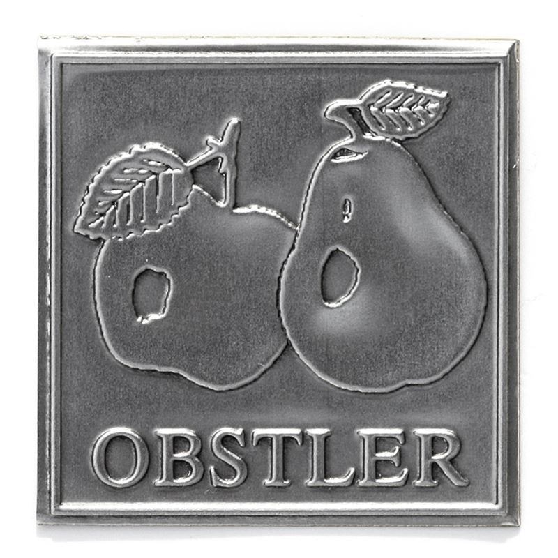 Étiquette en étain « Obstler », carrée, métal, argentée