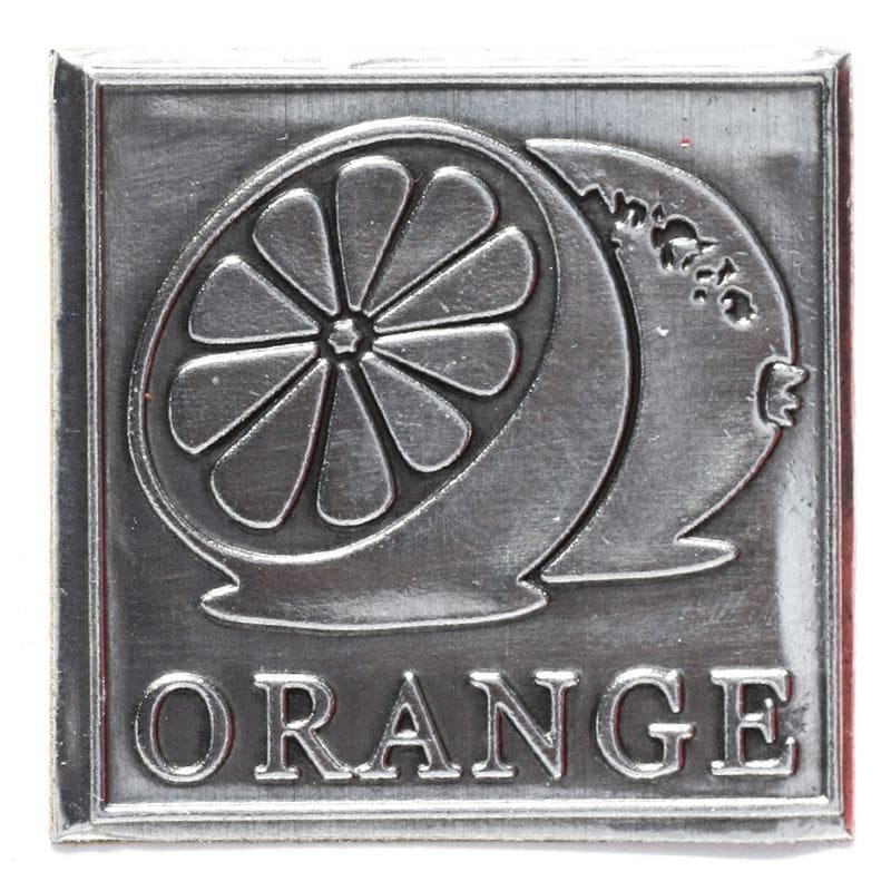 Étiquette en étain 'Orange', carrée, métallique, argentée