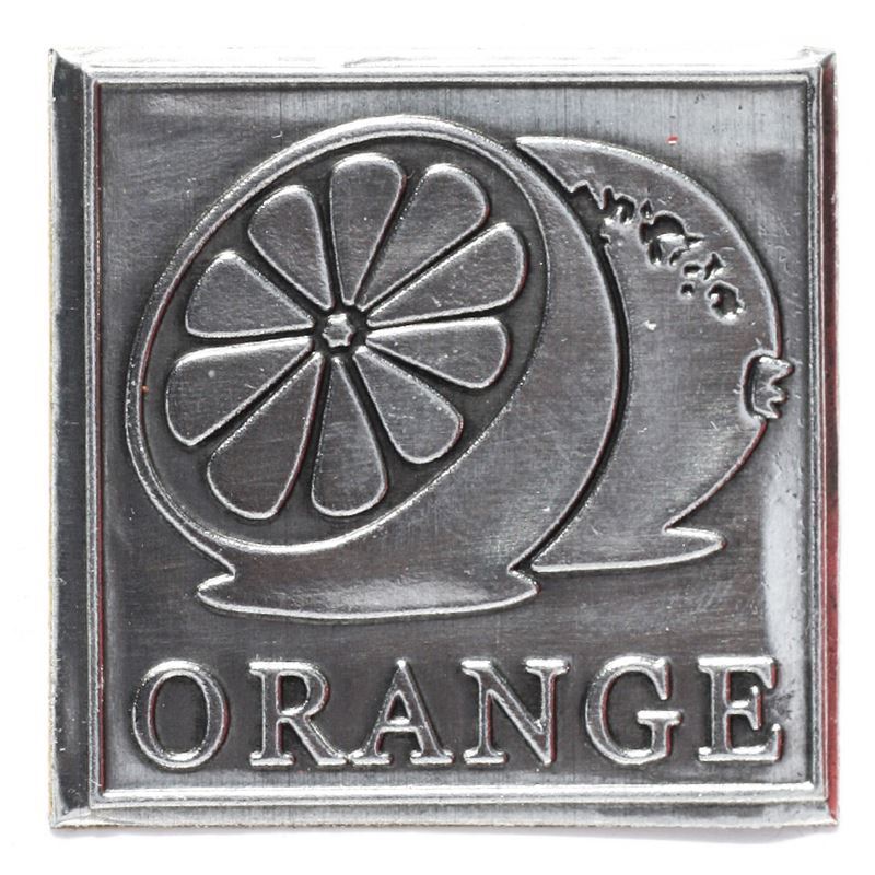 Étiquette en étain « Orange », carrée, métal, argentée Étiquette en étain « Orange », carrée, métal, argentée