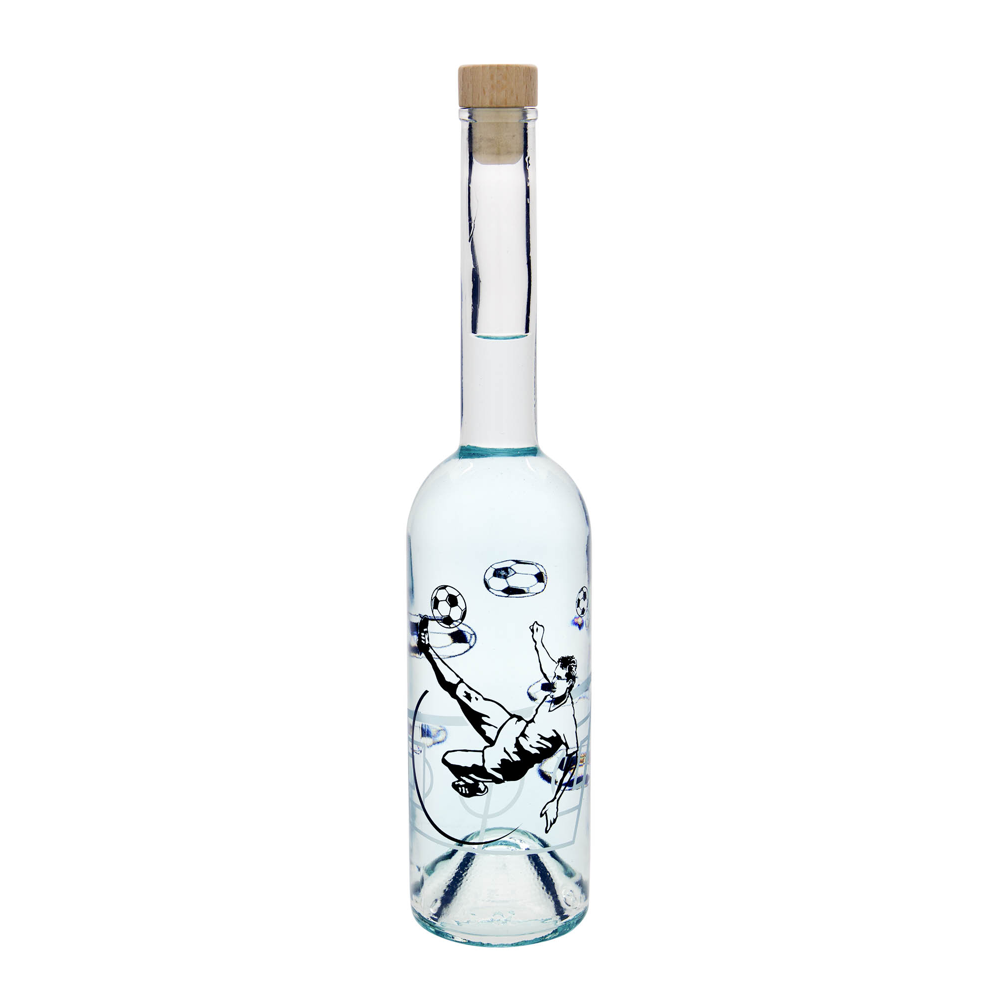 Bouteille en verre 500 ml 'Opera', motif : joueur de football, ouverture : bouchon en liège Bouteille en verre 500 ml 'Opera', motif : joueur de football, ouverture : bouchon en liège
