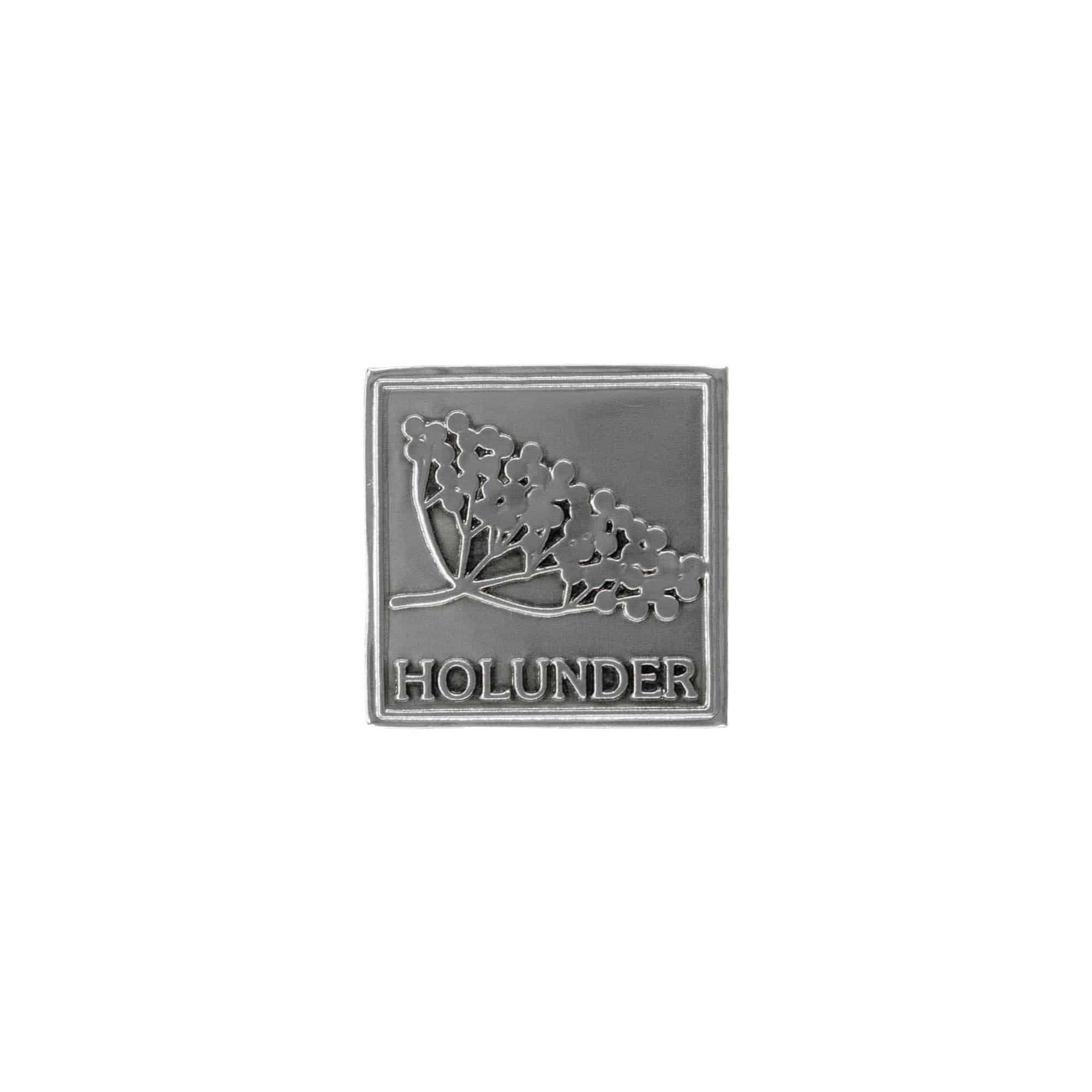 Étiquette en étain « Holunder », carrée, métal, argentée