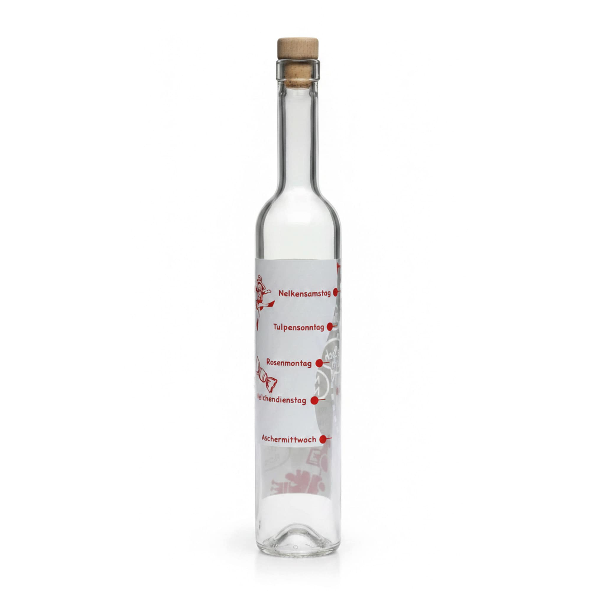 Bouteille en verre 500 ml Maximo imprimée « Karneval », ouverture : bouchon en liège