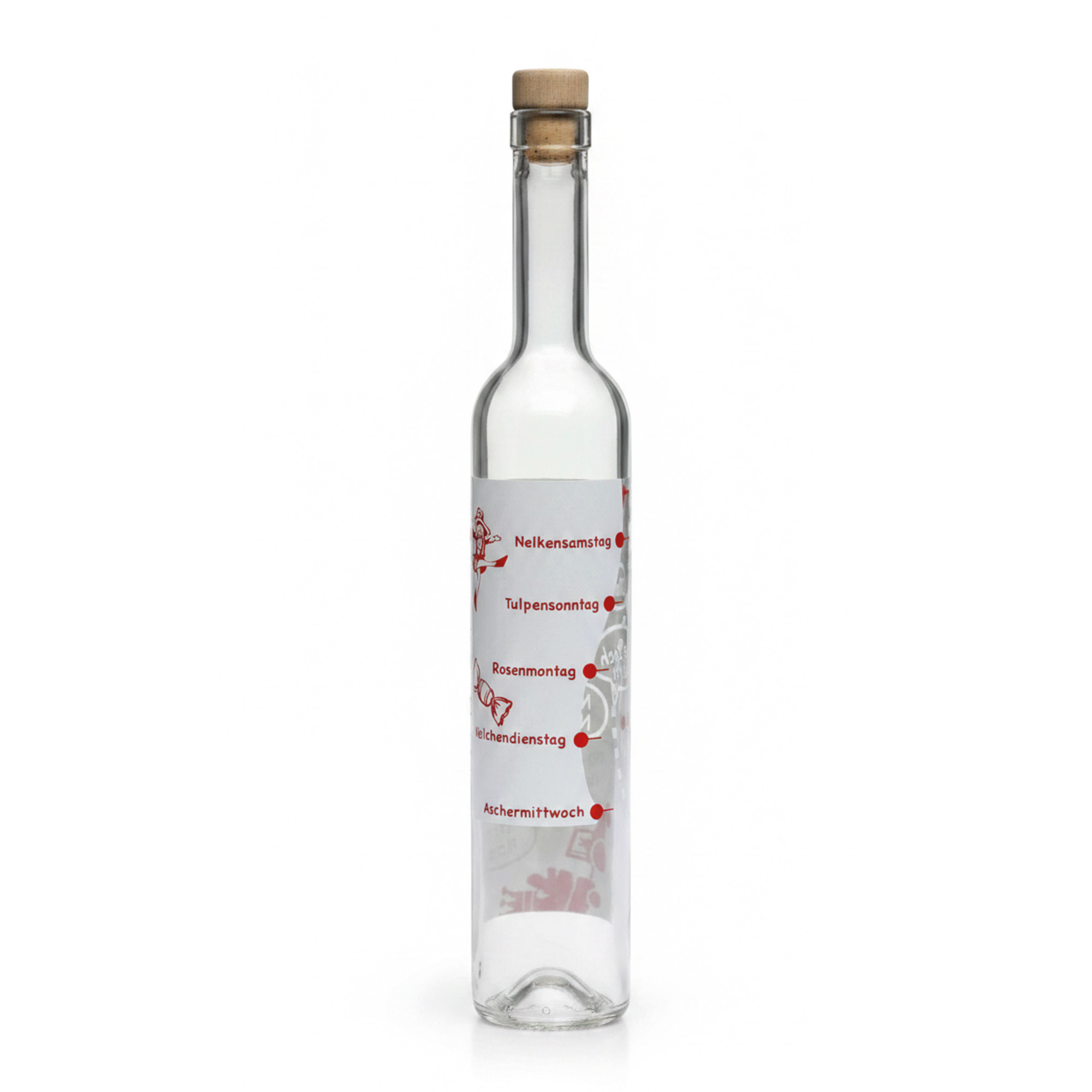 Bouteille en verre 500 ml Maximo imprimée « Karneval », ouverture : bouchon en liège Bouteille en verre 500 ml Maximo imprimée « Karneval », ouverture : bouchon en liège