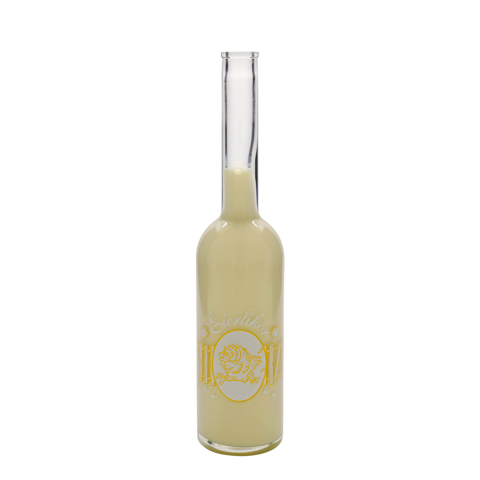 Bouteille en verre 500 ml 'Opera', motif : liqueur d'œuf, ouverture : bouchon en liège Bouteille en verre 500 ml 'Opera', motif : liqueur d'œuf, ouverture : bouchon en liège