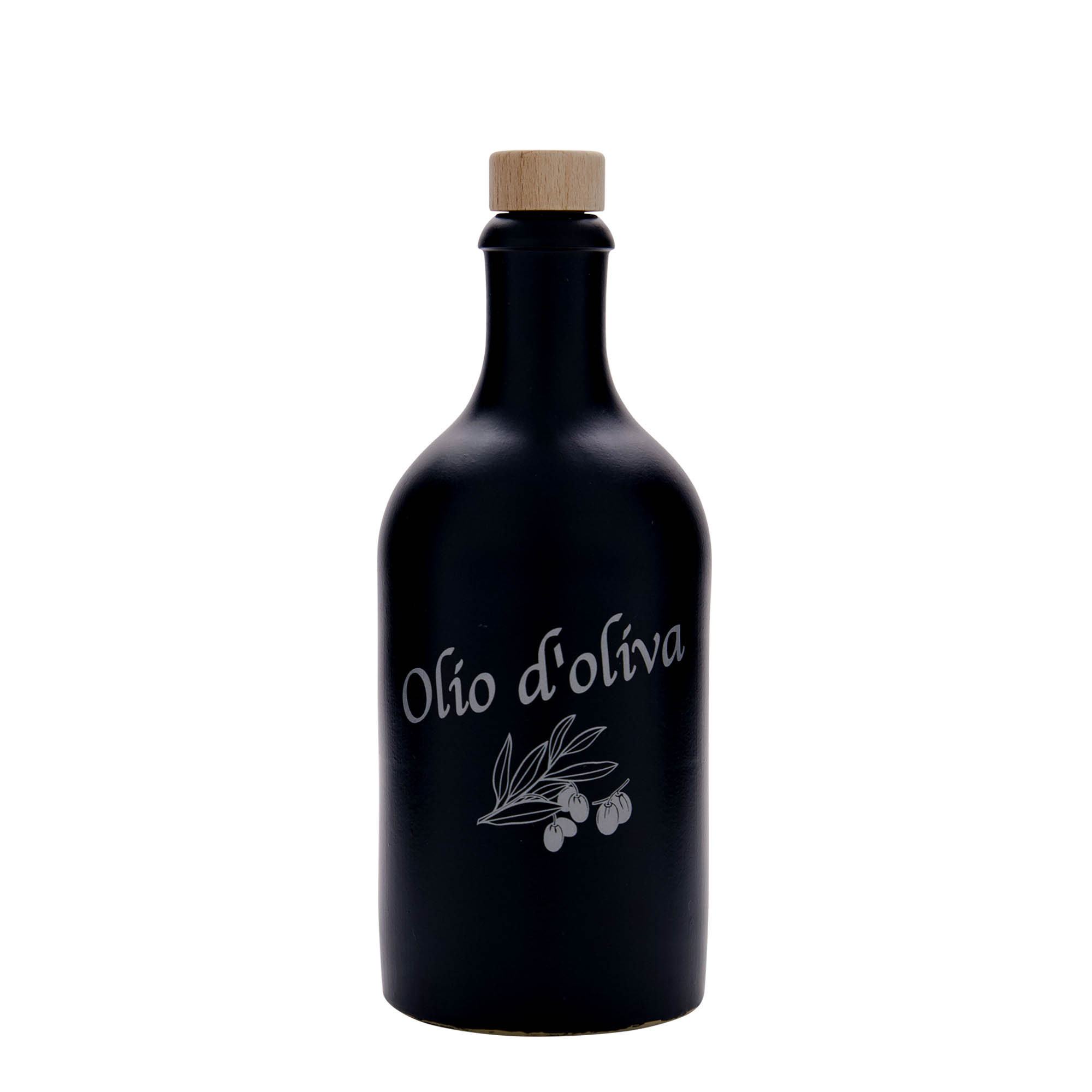 Cruche en grès 500 ml, motif : Olio d'Oliva, grès, noir, ouverture : bouchon en liège Cruche en grès 500 ml, motif : Olio d'Oliva, grès, noir, ouverture : bouchon en liège