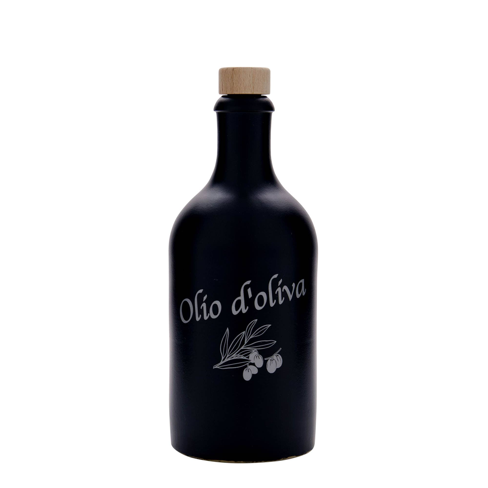 Cruche en grès 500 ml, motif : Olio d'Oliva, grès, noir, ouverture : bouchon en liège