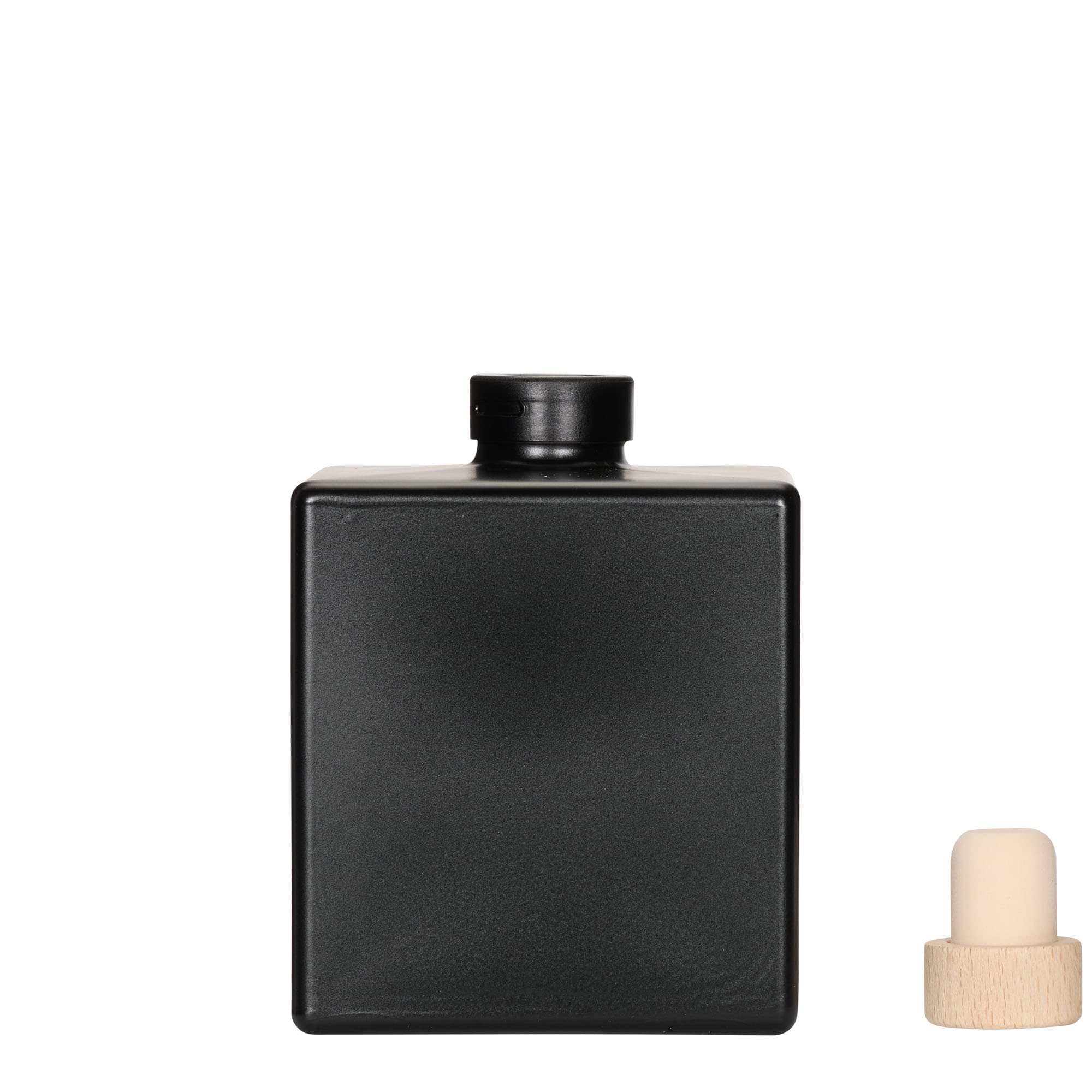 Bouteille en verre 500 ml « Cube », carrée, noire, ouverture : bouchon en liège
