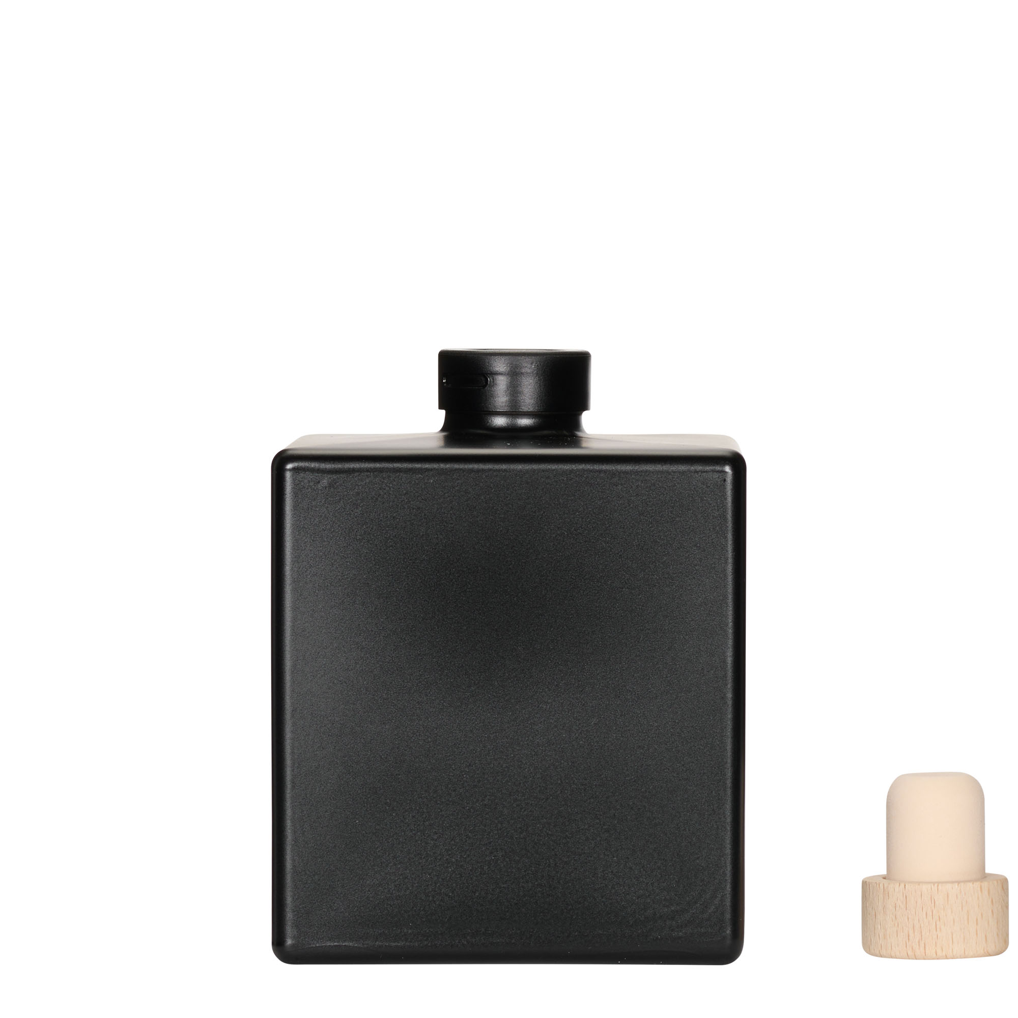 Bouteille en verre 500 ml « Cube », carrée, noire, ouverture : bouchon en liège Bouteille en verre 500 ml « Cube », carrée, noire, ouverture : bouchon en liège