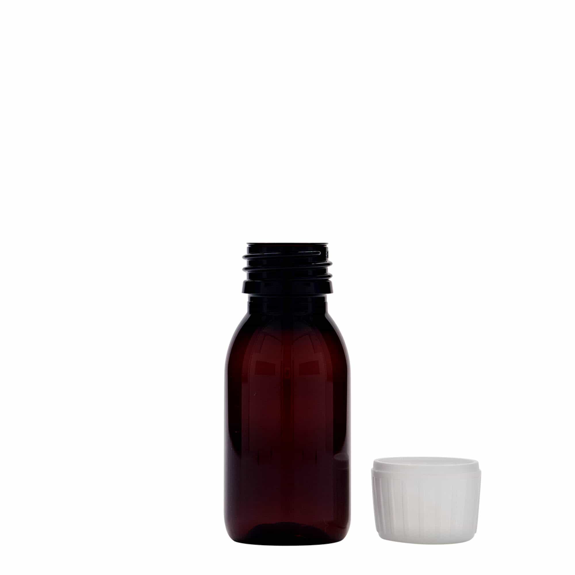 Flacon médical PET de 60 ml, brun, plastique, ouverture : PP 28