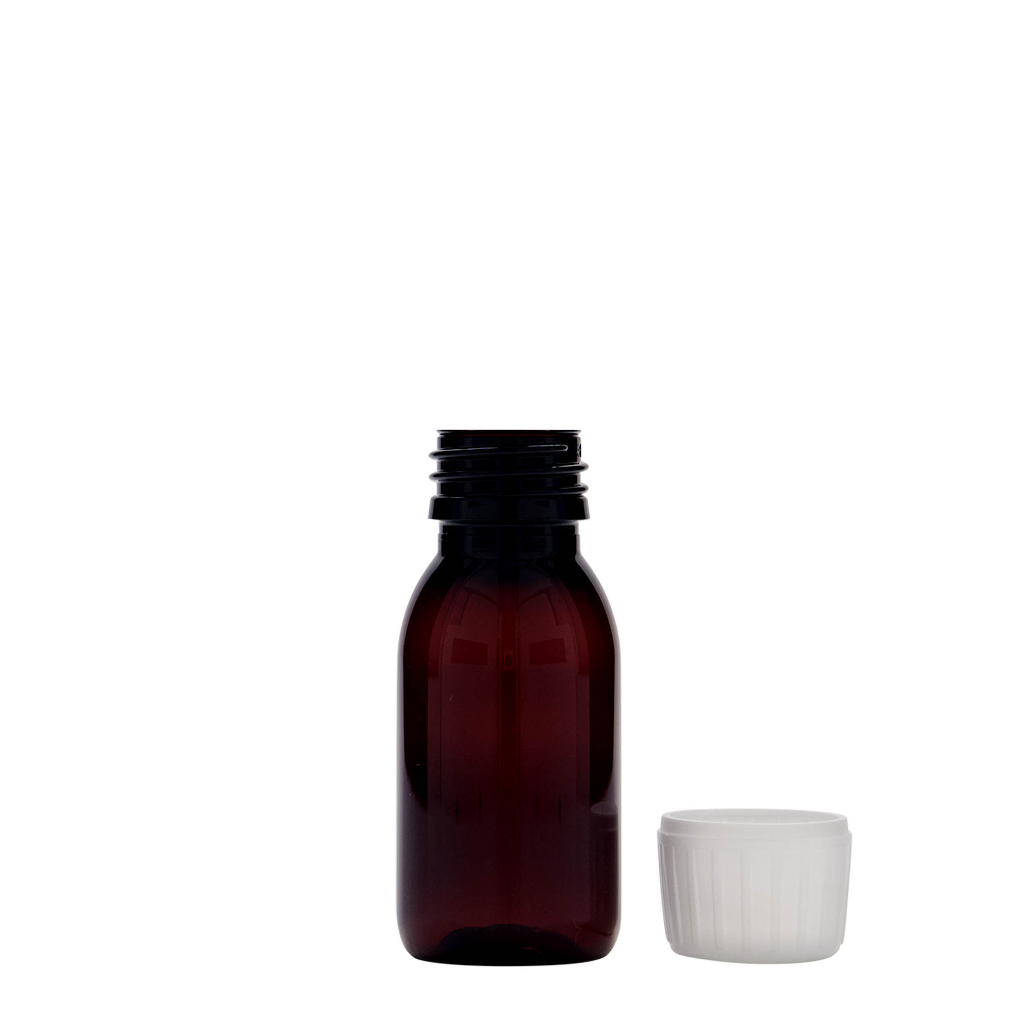 Flacon médical PET de 60 ml, brun, plastique, ouverture : PP 28 Flacon médical PET de 60 ml, brun, plastique, ouverture : PP 28