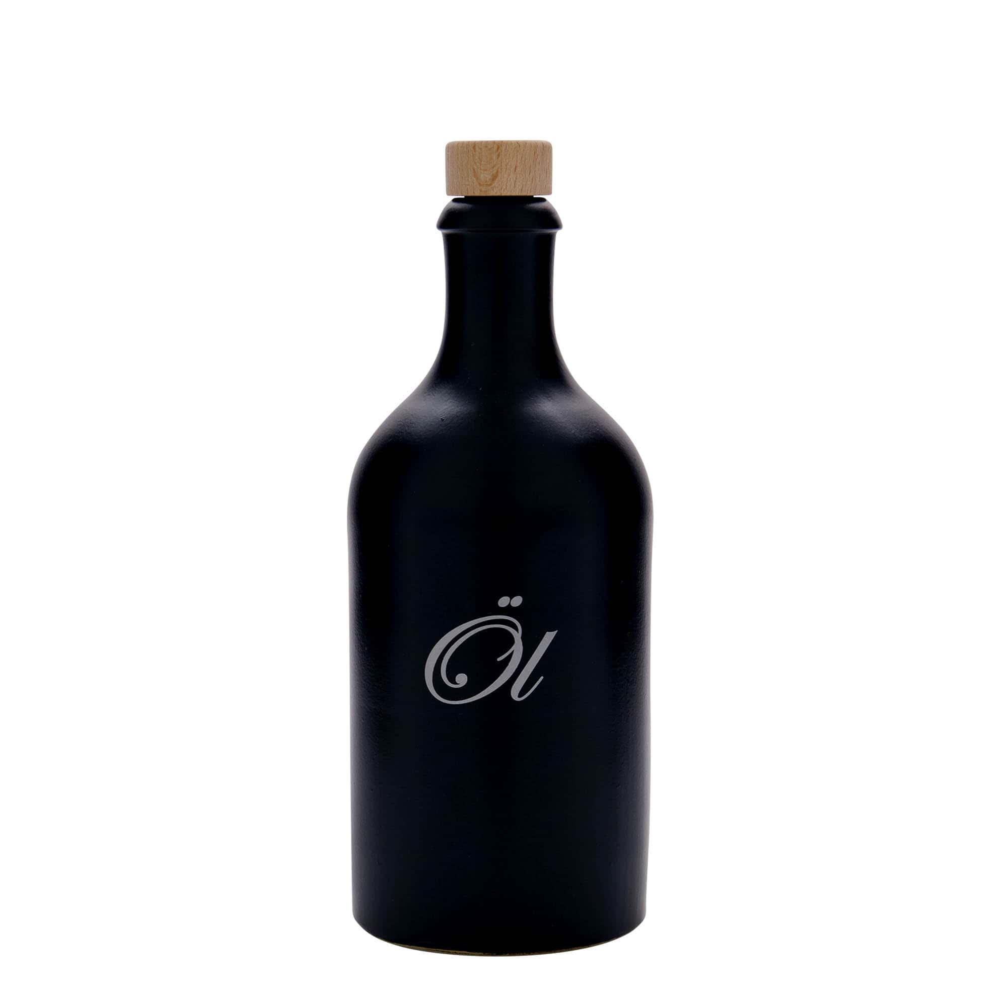 Chope en terre cuite 500 ml, motif : huile, grès, noir, bouchage: bouchon