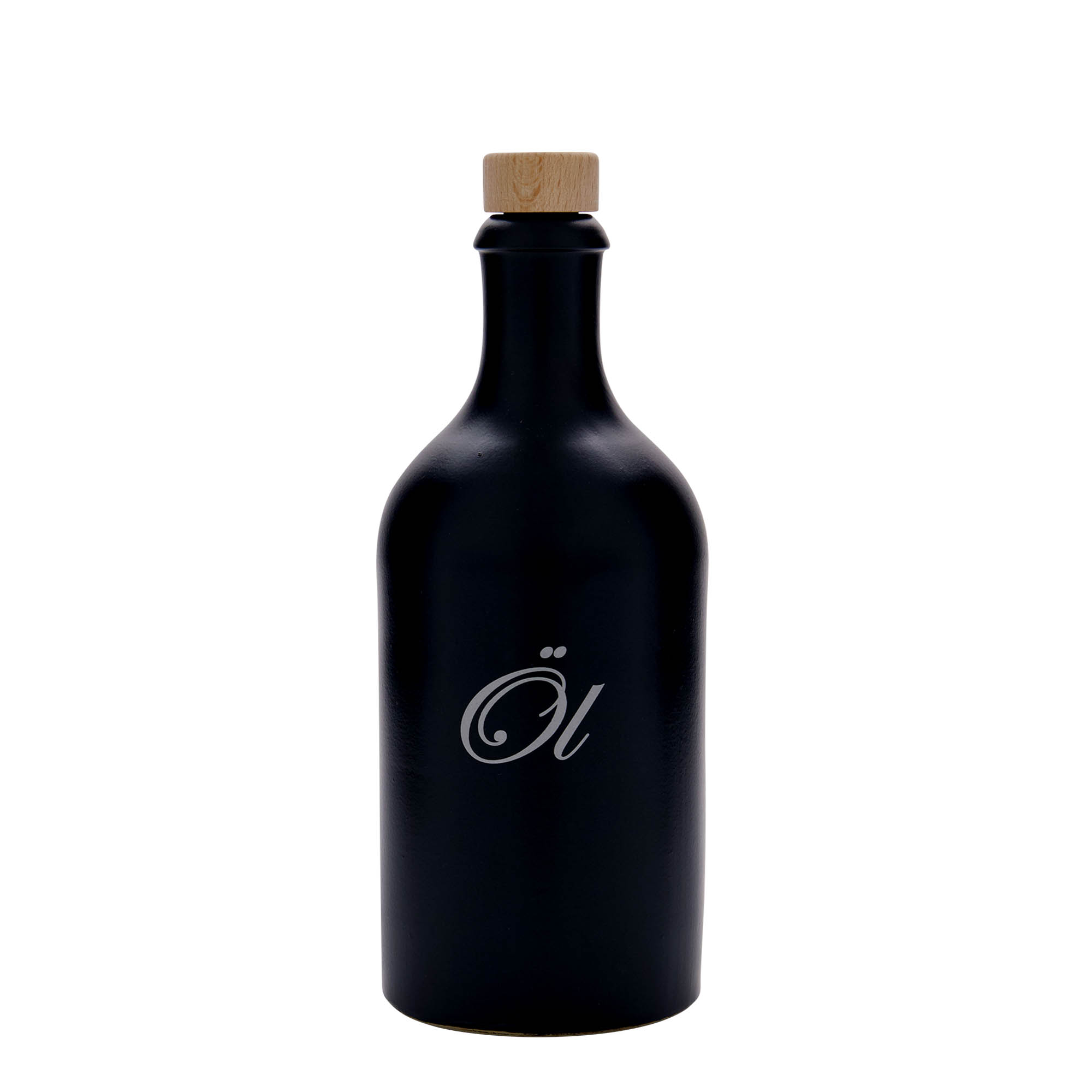 Cruche en terre cuite de 500 ml, motif : huile, grès, noir, ouverture : liège Cruche en terre cuite de 500 ml, motif : huile, grès, noir, ouverture : liège