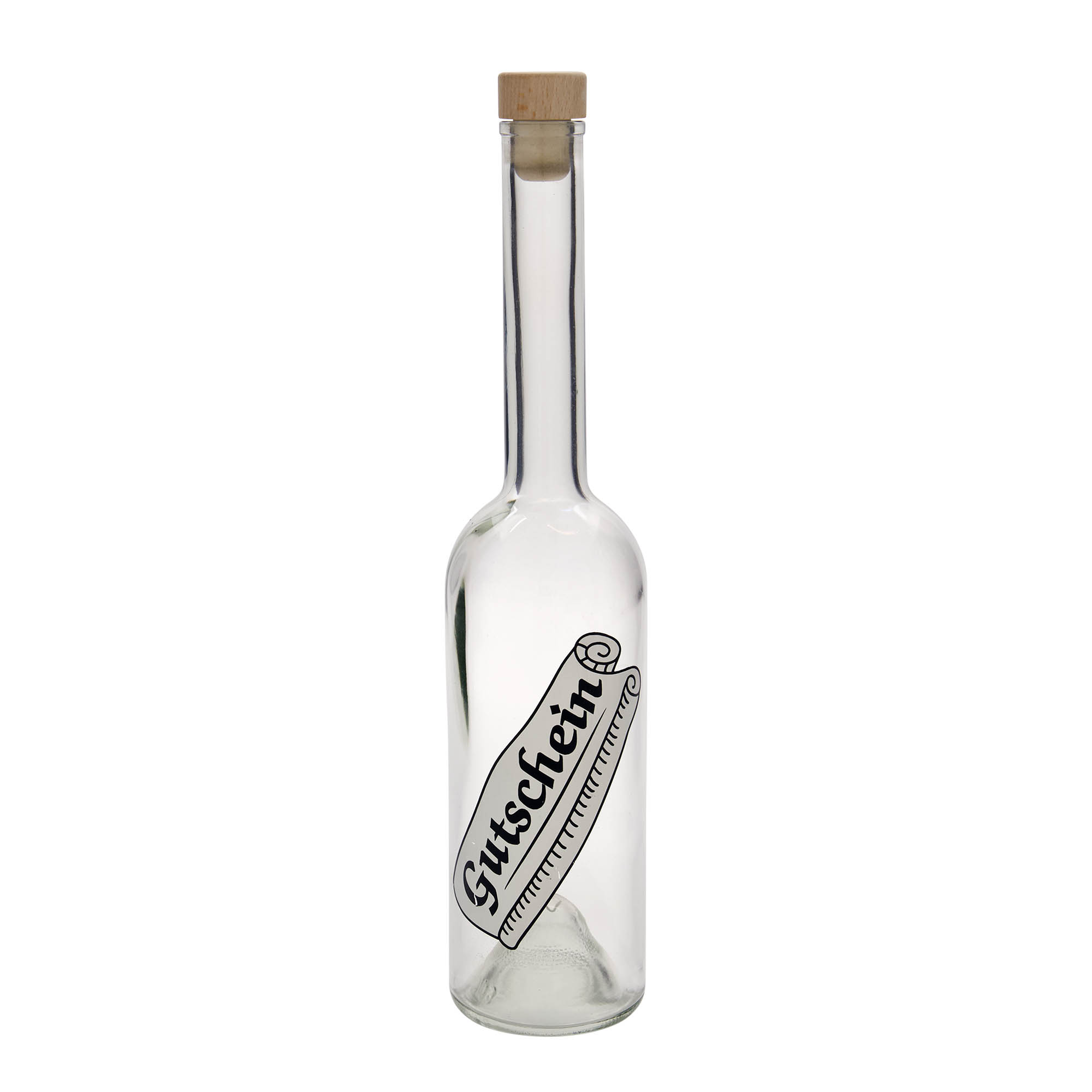 Bouteille en verre 500 ml 'Opera', motif : bon cadeau, ouverture : bouchon en liège