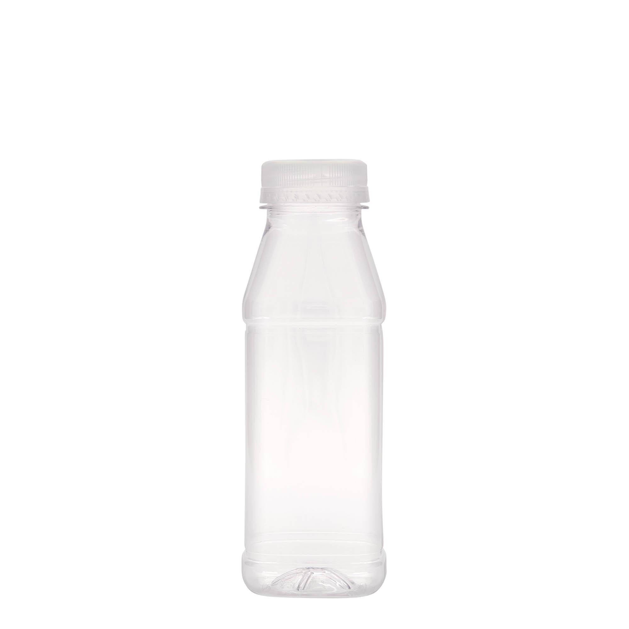 Bouteille PET 330 ml « Milk and Juice Carré », carrée, plastique, ouverture : 38 mm