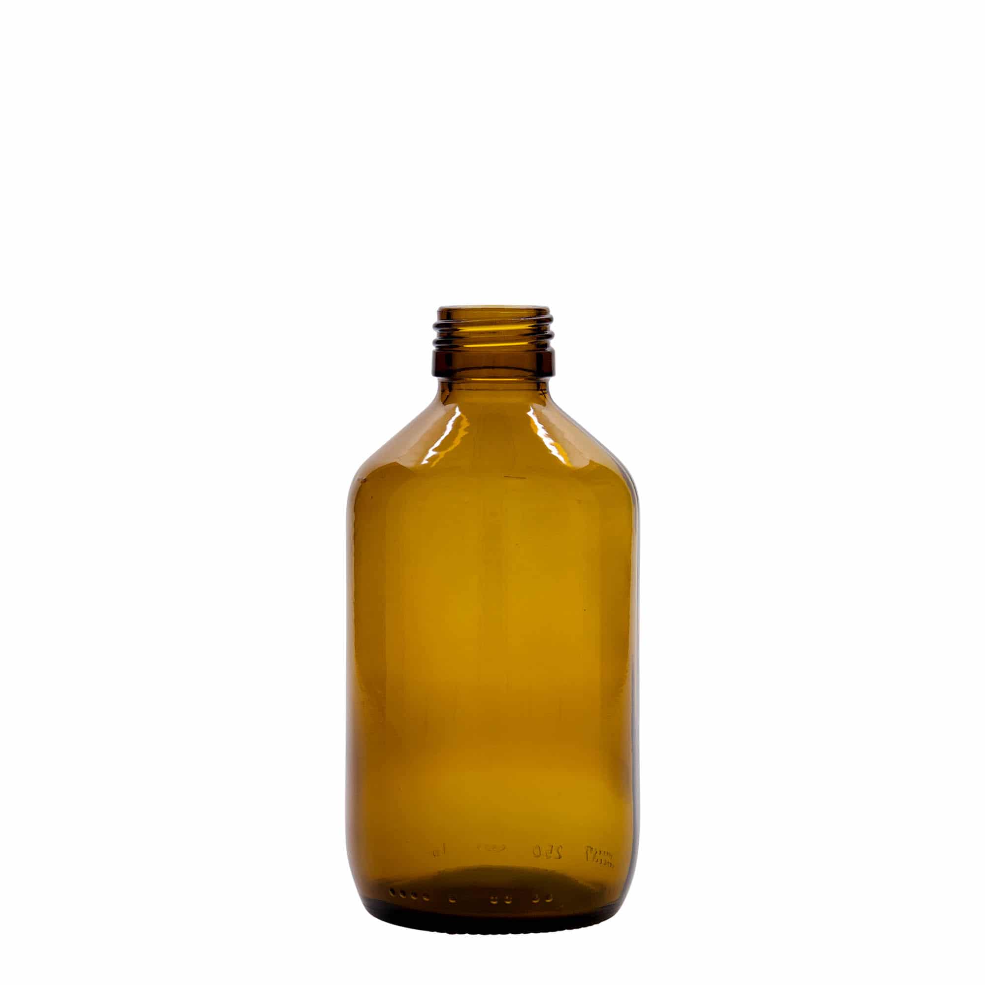 Flacon pharmaceutique 250 ml, brun, verre, bouchage: PP 28 Flacon pharmaceutique 250 ml, brun, verre, bouchage: PP 28