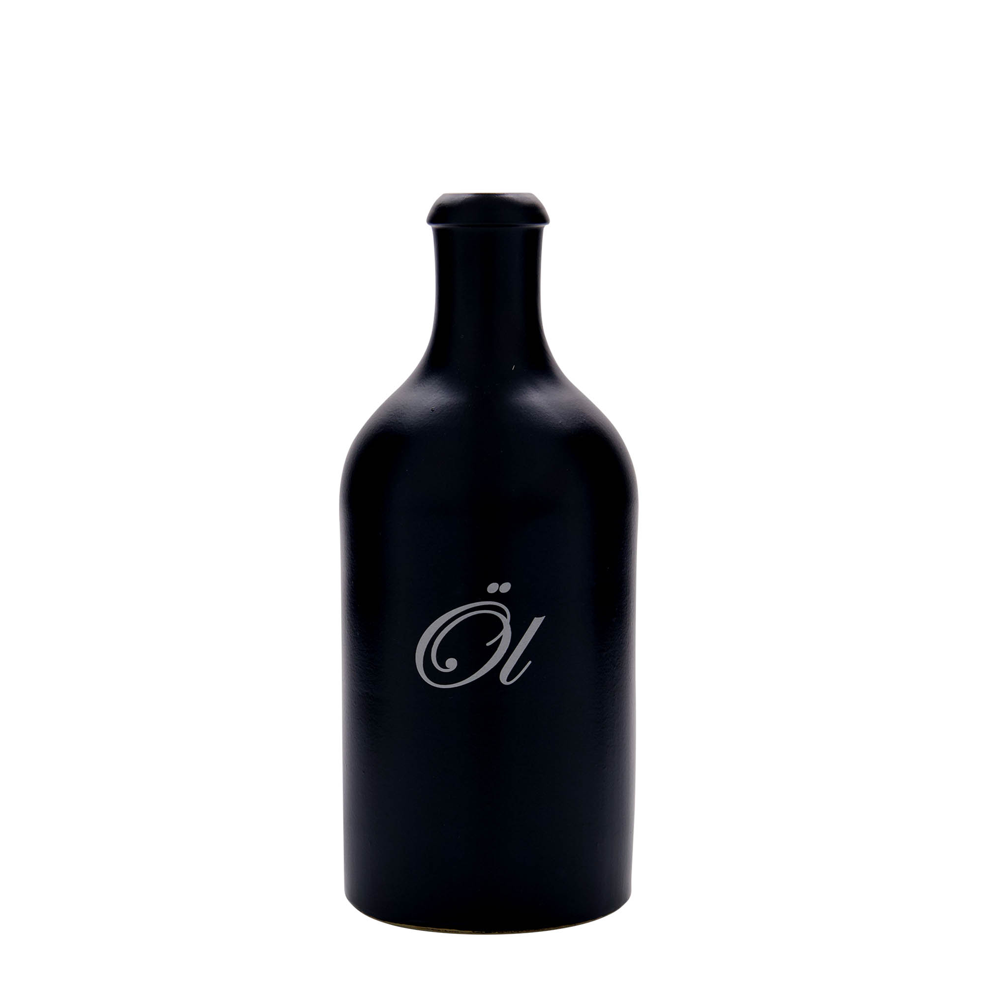 Cruche en terre cuite de 500 ml, motif : huile, grès, noir, ouverture : liège Cruche en terre cuite de 500 ml, motif : huile, grès, noir, ouverture : liège