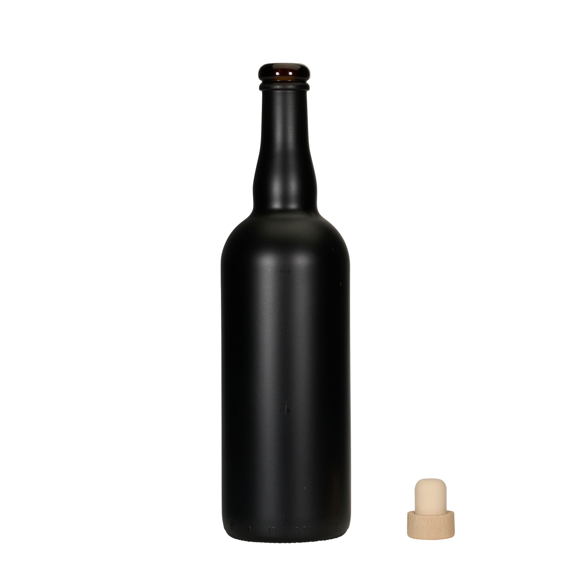 Bouteille de bière 750 ml Belgique, verre, noir, ouverture : bouchon en liège