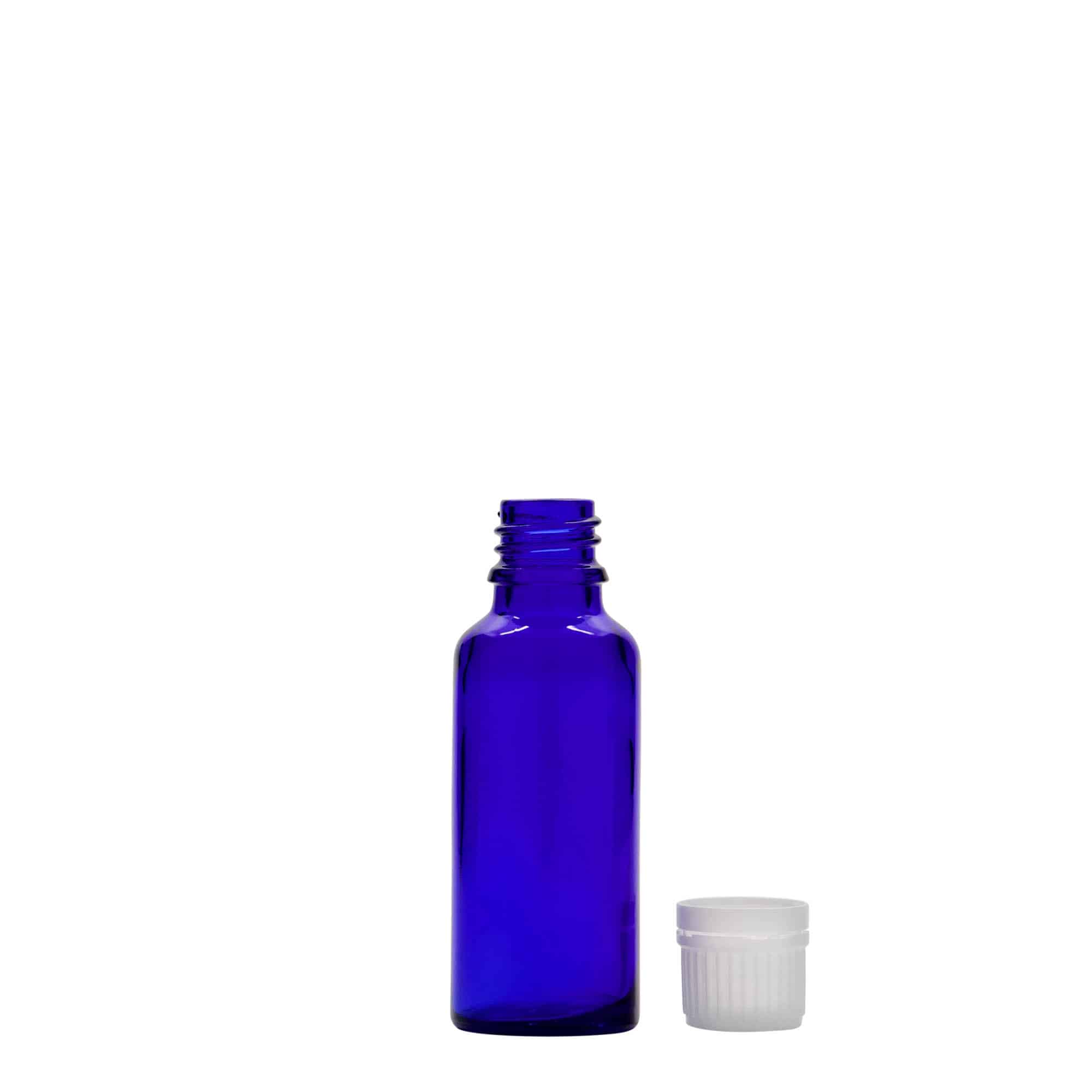 Flacon pharmaceutique 30 ml , verre, bleu roi, col : DIN 18
