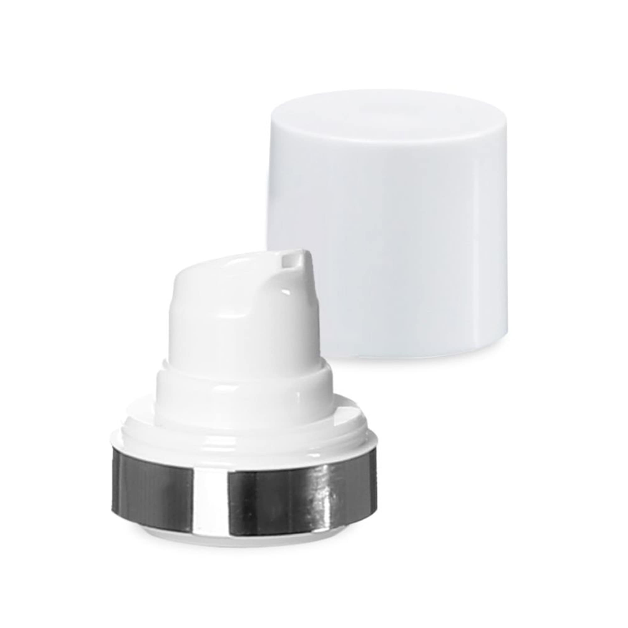 Tête Airless Micro bord argent + blanc, capuchon à encliqueter brillant