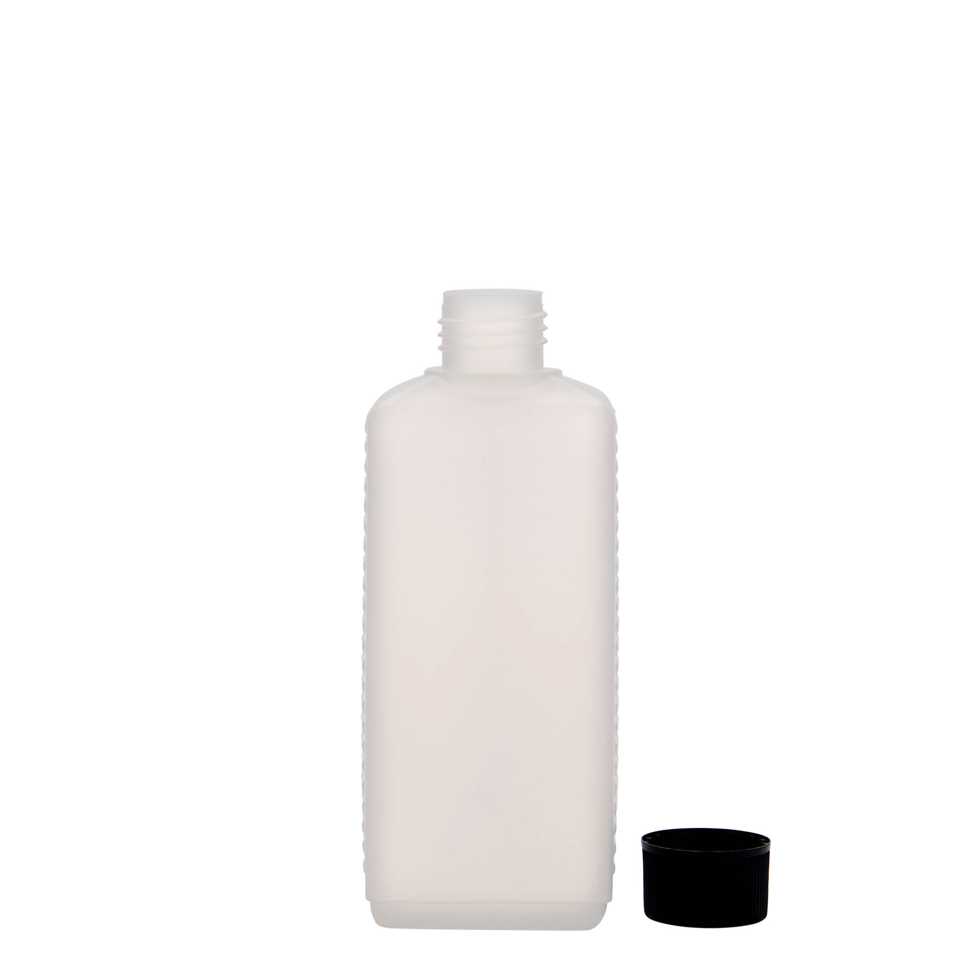 Bouteille bidon de 250 ml, rectangulaire, plastique HDPE, naturel, ouverture : DIN 25 EPE