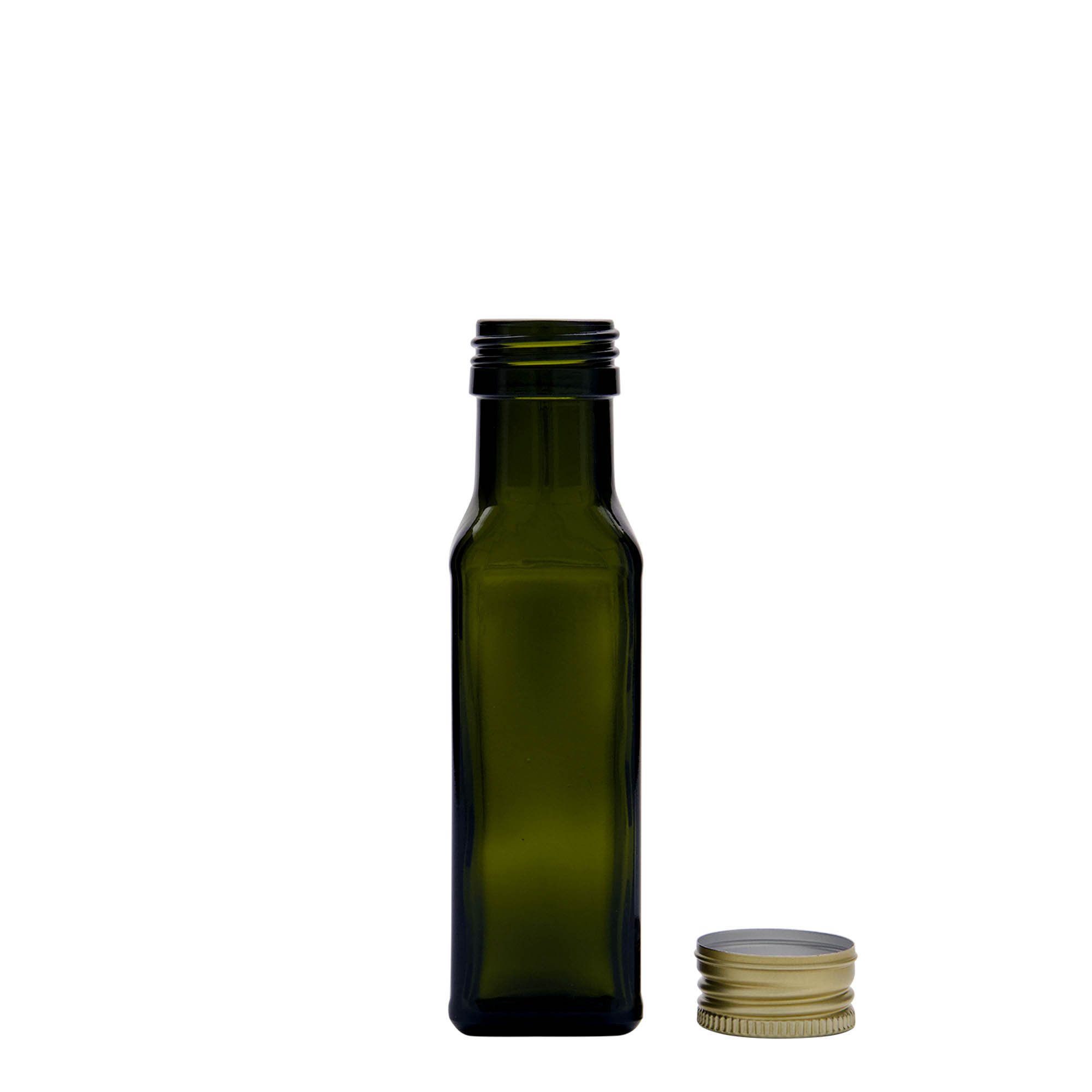 Flacon en verre 100 ml 'Marasca', carré, vert antique, ouverture : PP 31,5 Flacon en verre 100 ml 'Marasca', carré, vert antique, ouverture : PP 31,5