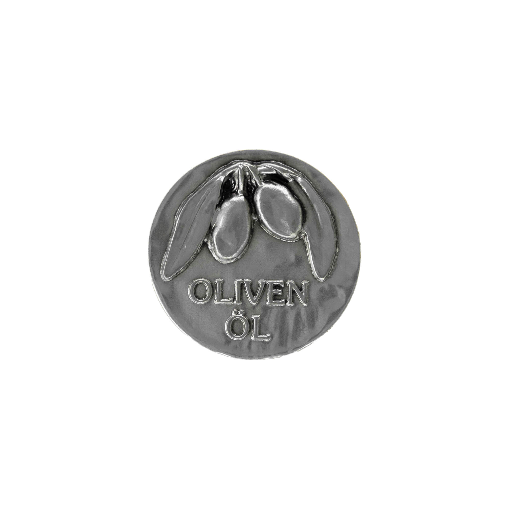 Étiquette en étain « Huile d'olive », métal, argenté Étiquette en étain « Huile d'olive », métal, argenté