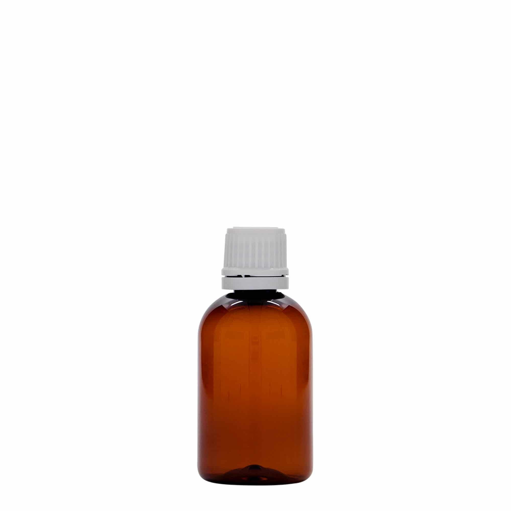 Flacon médical PET 50 ml « Easy Living », brun, plastique, ouverture : DIN 18
