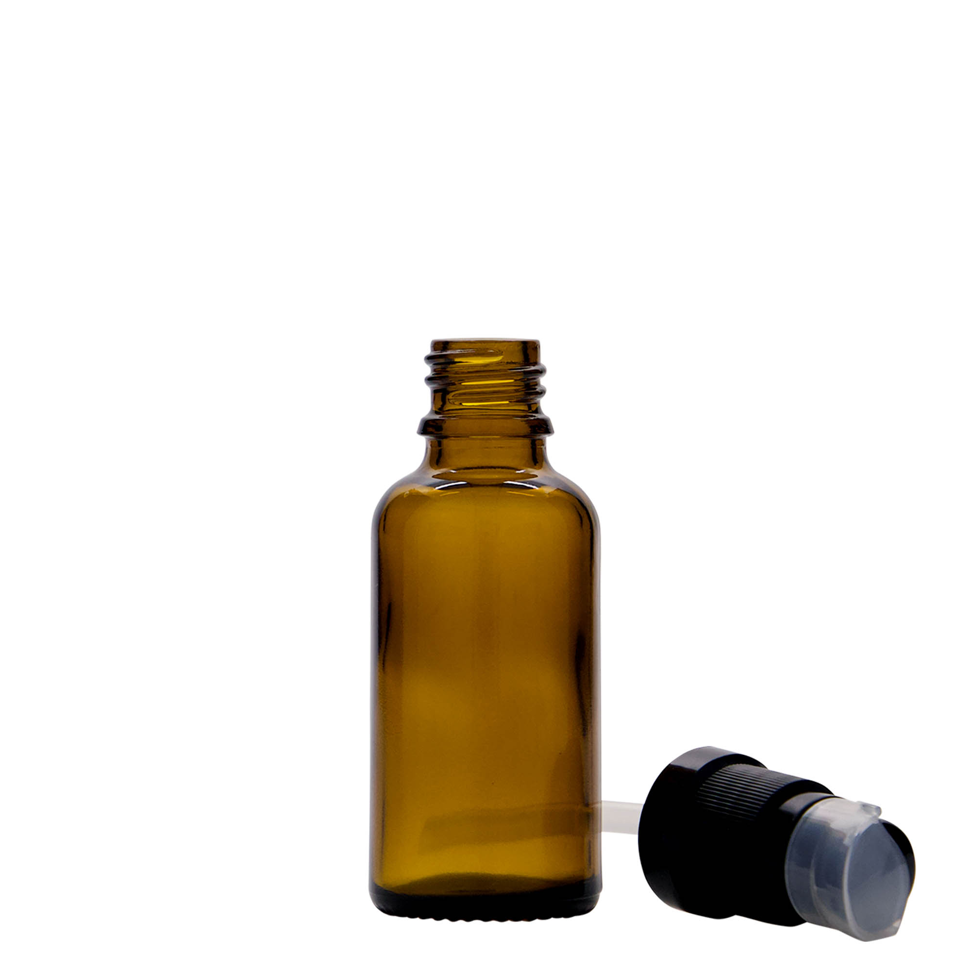 Flacon médical de 30 ml avec pompe lotion, verre, brun, ouverture : DIN 18 Flacon médical de 30 ml avec pompe lotion, verre, brun, ouverture : DIN 18