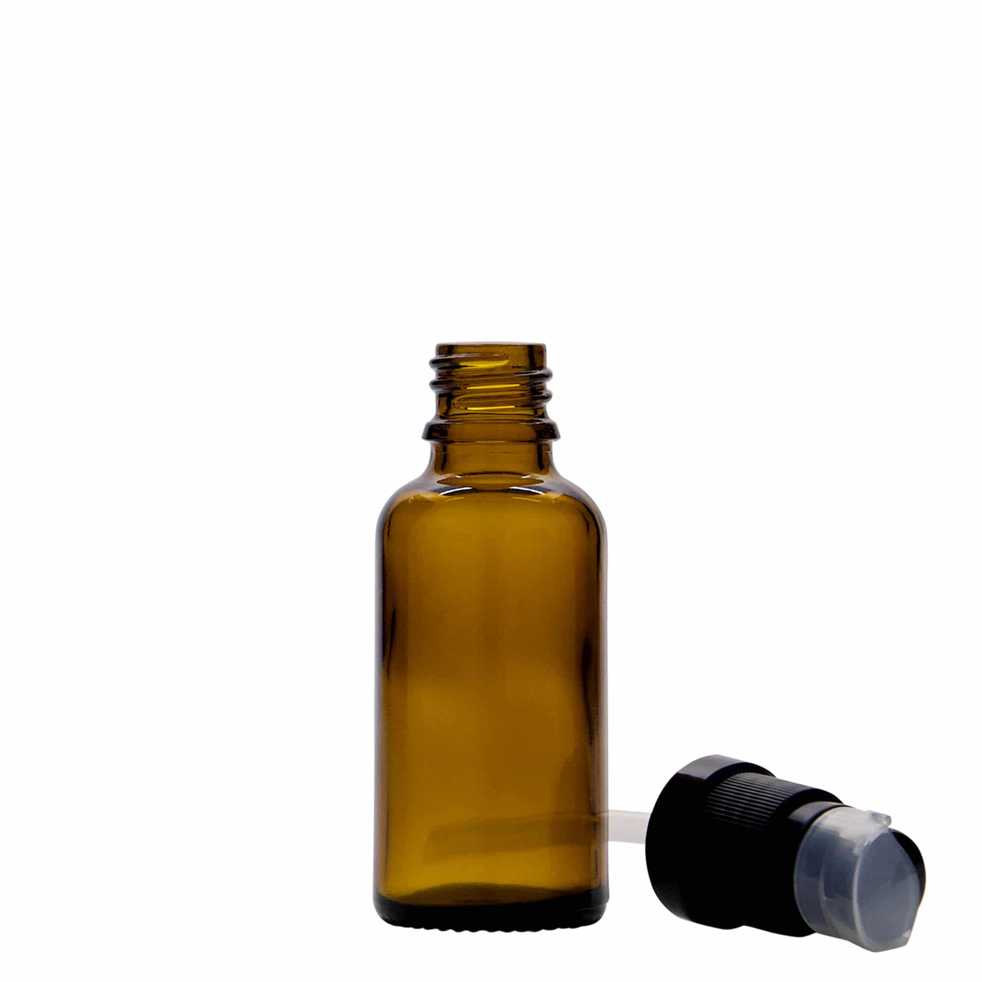 Flacon médical de 30 ml avec pompe lotion, verre, brun, ouverture : DIN 18