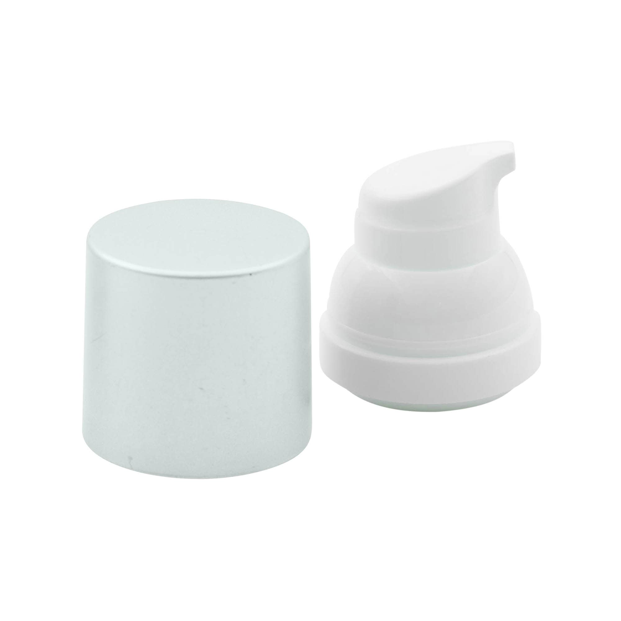 Pompe distributeur airless « Mezzo », type D, plastique PP, blanc avec capuchon mat argent métallisé