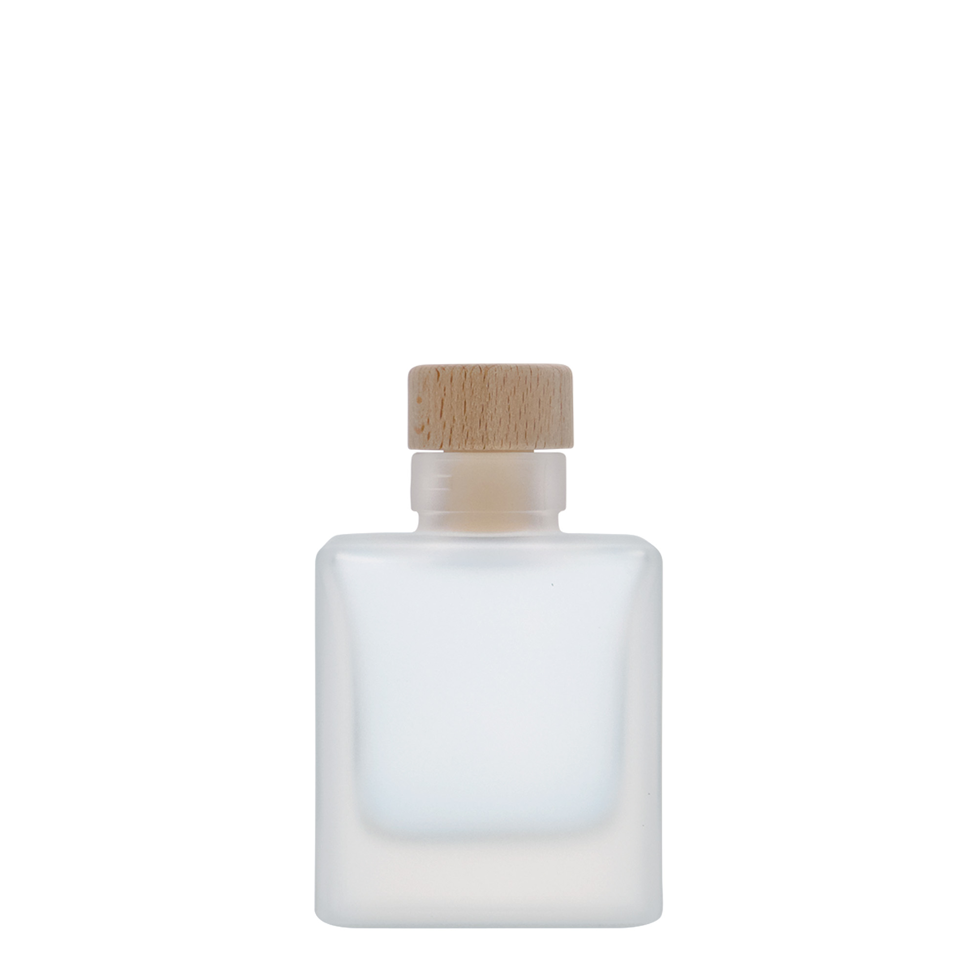 Flacon en verre 100 ml « Cube », carré, givré, ouverture : bouchon en liège Flacon en verre 100 ml « Cube », carré, givré, ouverture : bouchon en liège