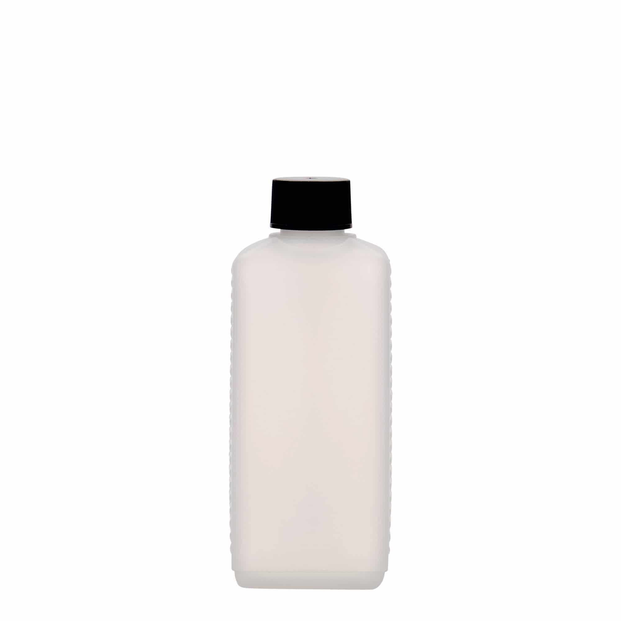 Bouteille bidon de 250 ml, rectangulaire, plastique HDPE, naturel, ouverture : DIN 25 EPE