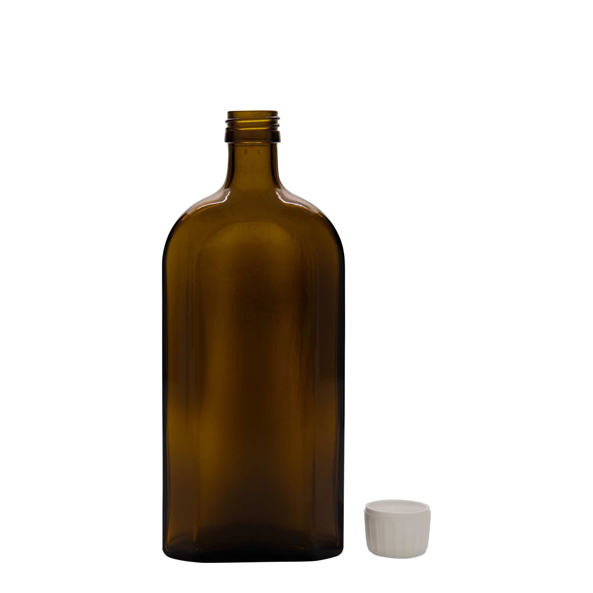 Flacon pharmaceutique Meplat 500 ml, ovale, verre, brun, bouchage: PP 28