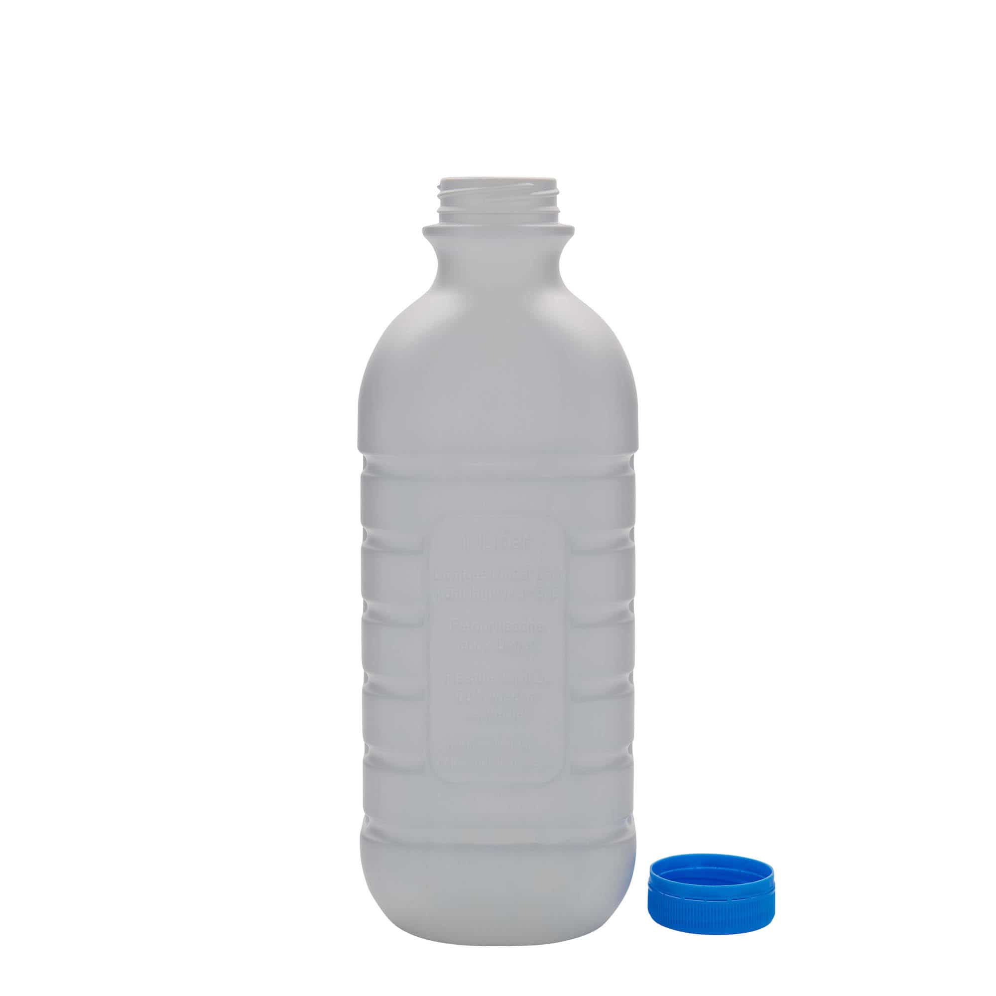 Bouteille de lait 1 000 ml, rectangulaire, plastique PEHD, blanc, col : PEHD40