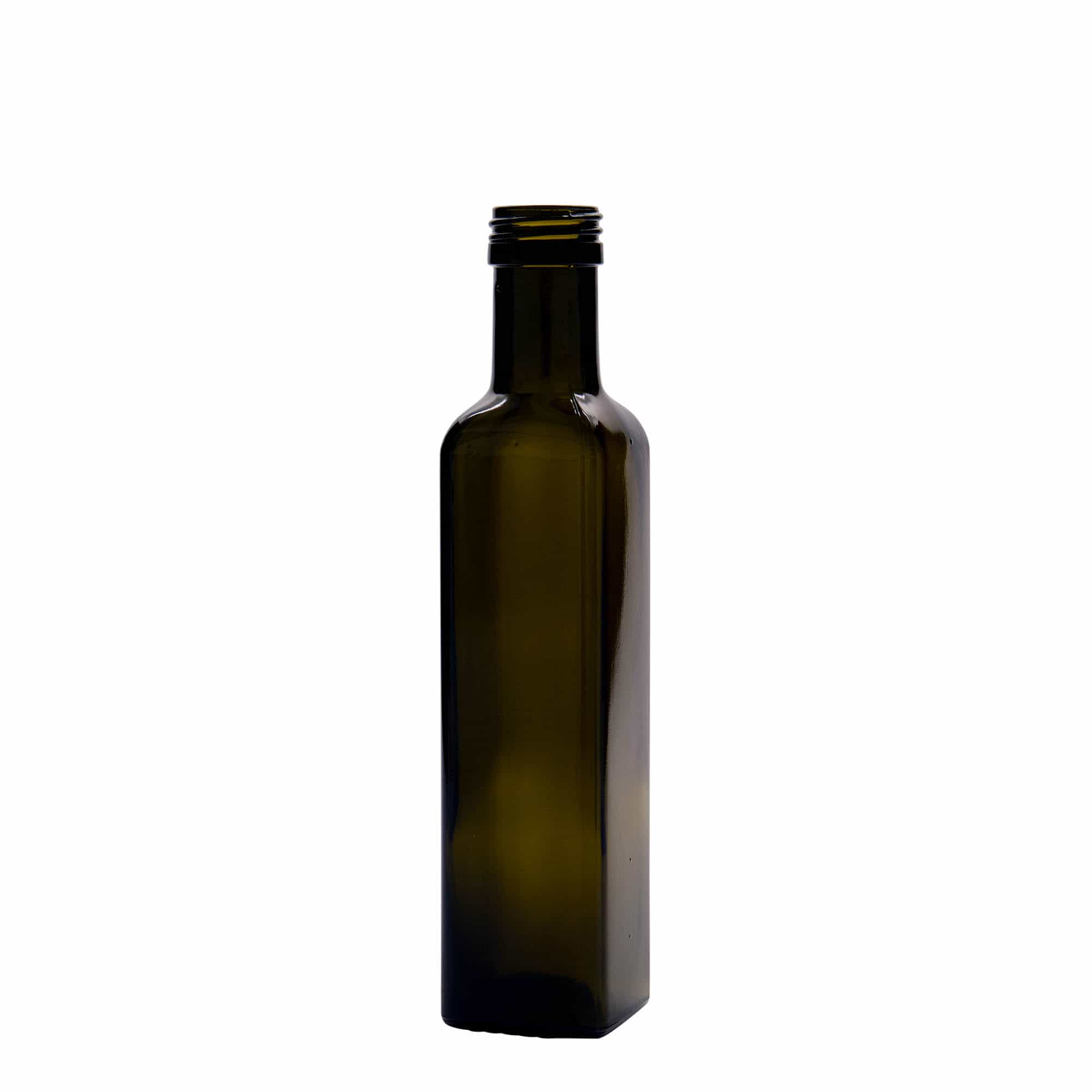 Flacon en verre 250 ml « Marasca », carré, vert antique, ouverture : PP 31,5