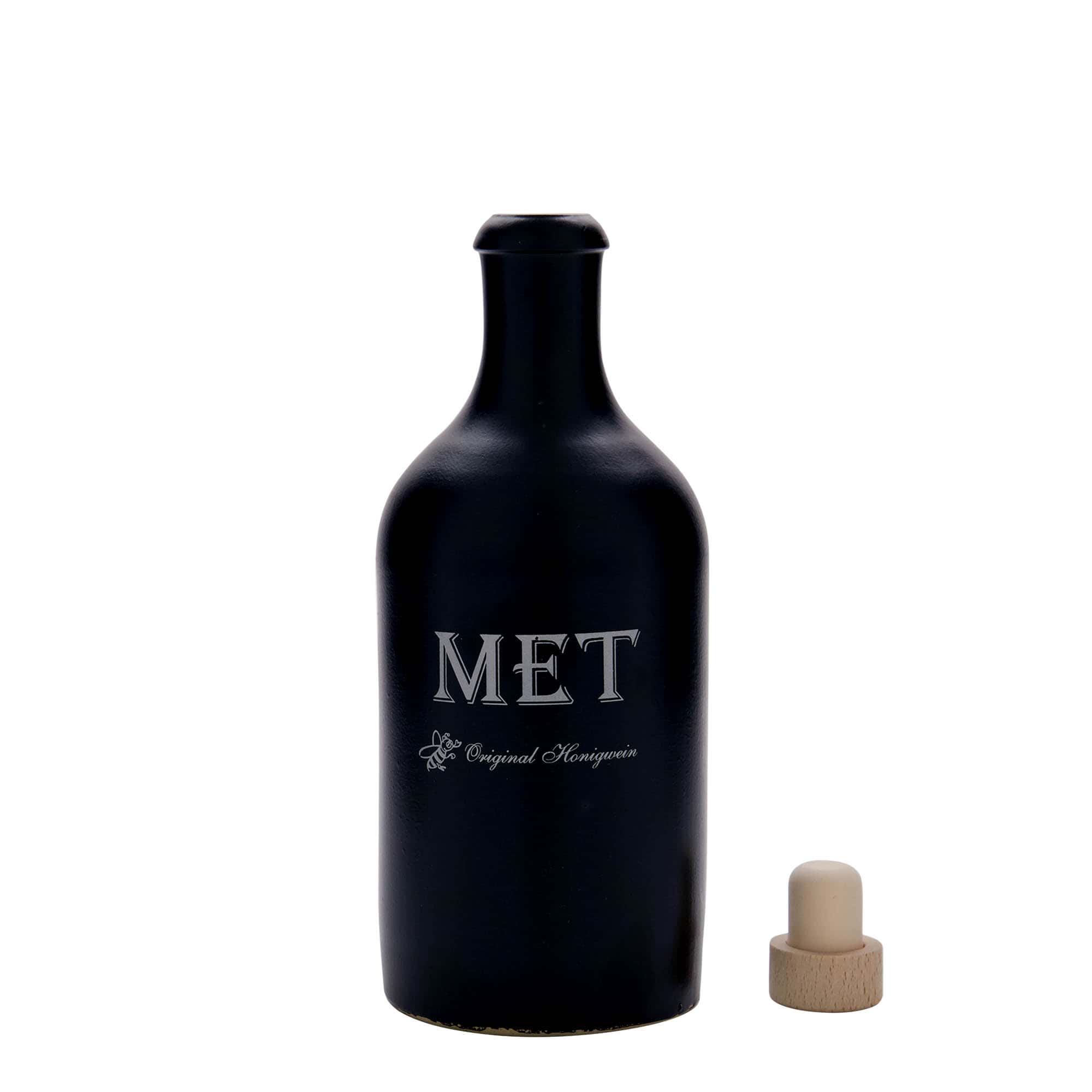 Chope en terre cuite 500 ml, motif : hydromel, grès, noir, bouchage: bouchon
