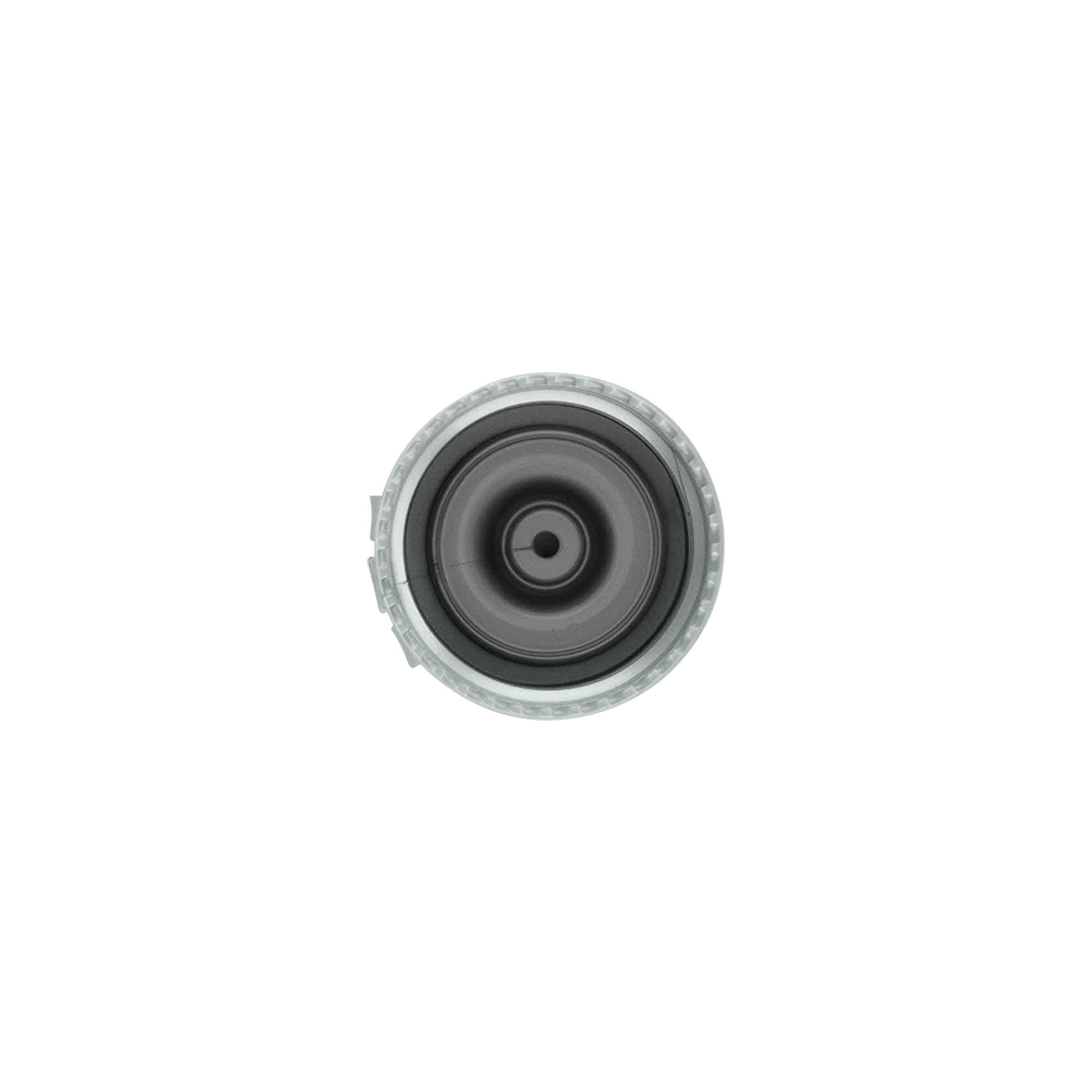 Bouchon à vis avec charnière à bascule, plastique PP, argent, pour ouverture : 24/410 Bouchon à vis avec charnière à bascule, plastique PP, argent, pour ouverture : 24/410