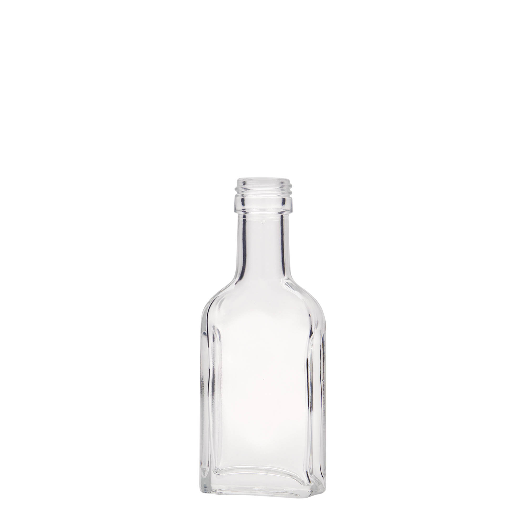 Flacon de poche 40 ml col long, rectangulaire, verre, ouverture : PP 22 Flacon de poche 40 ml col long, rectangulaire, verre, ouverture : PP 22
