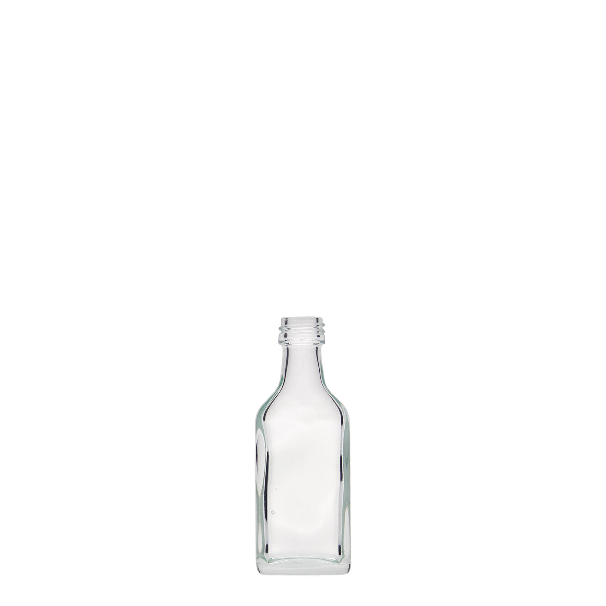Flacon de poche 20 ml, rectangulaire, verre, col : PP 18 Flacon de poche 20 ml, rectangulaire, verre, col : PP 18