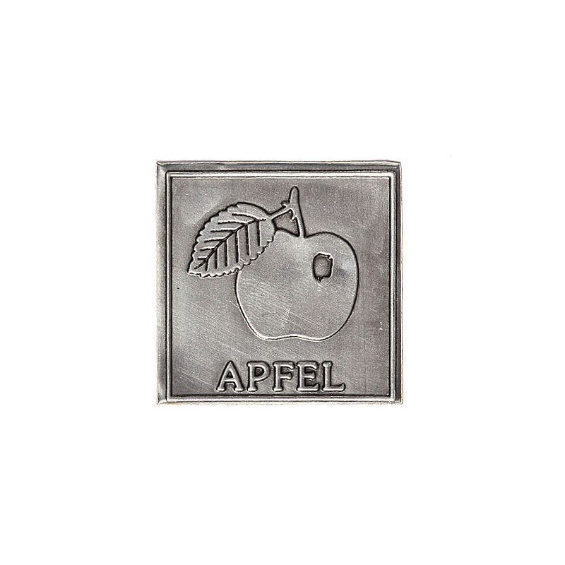 Étiquette en étain « Pomme », carrée, métal, argentée Étiquette en étain « Pomme », carrée, métal, argentée