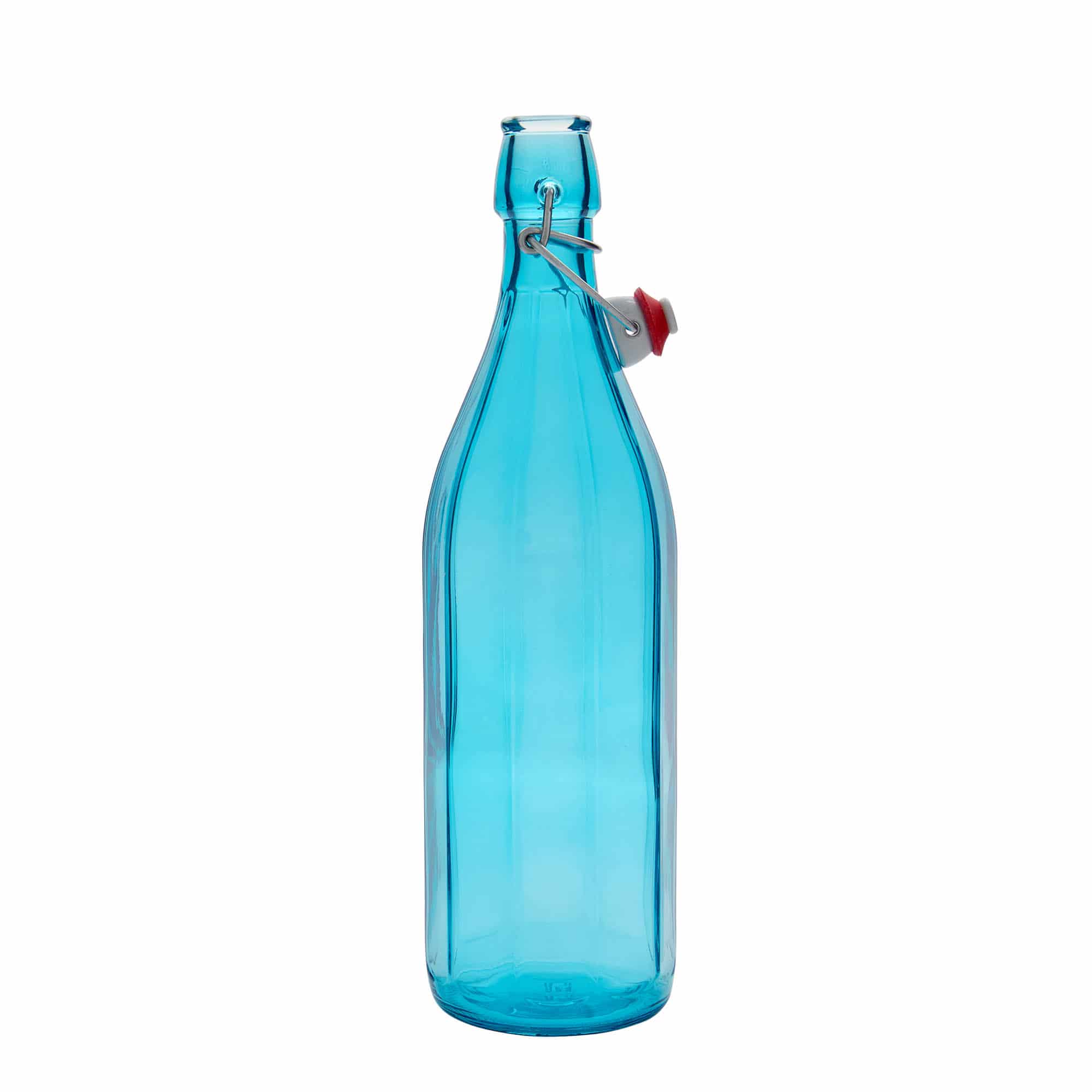 Bouteille en verre 1 000 ml 'Oxford', décagonale, bleu azur, col : bouchon mécanique